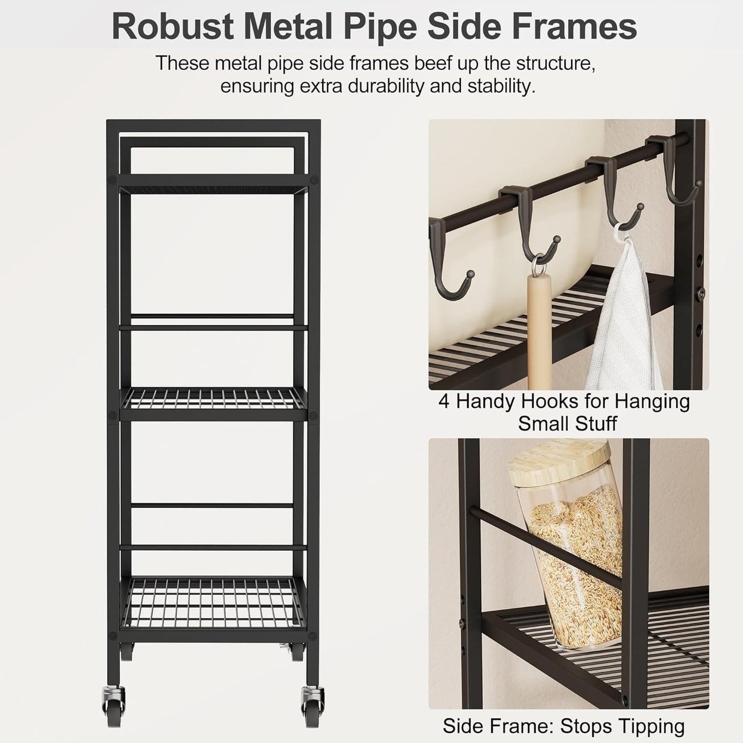 3-Tier Kitchen Cart with Adjustable Shelves - Microwave Storage Cart & Utility Rolling Organizer, Industrial Wheels for Small Spaces, 15.7"x23.6"x33.7" Black Panel and Black Frame