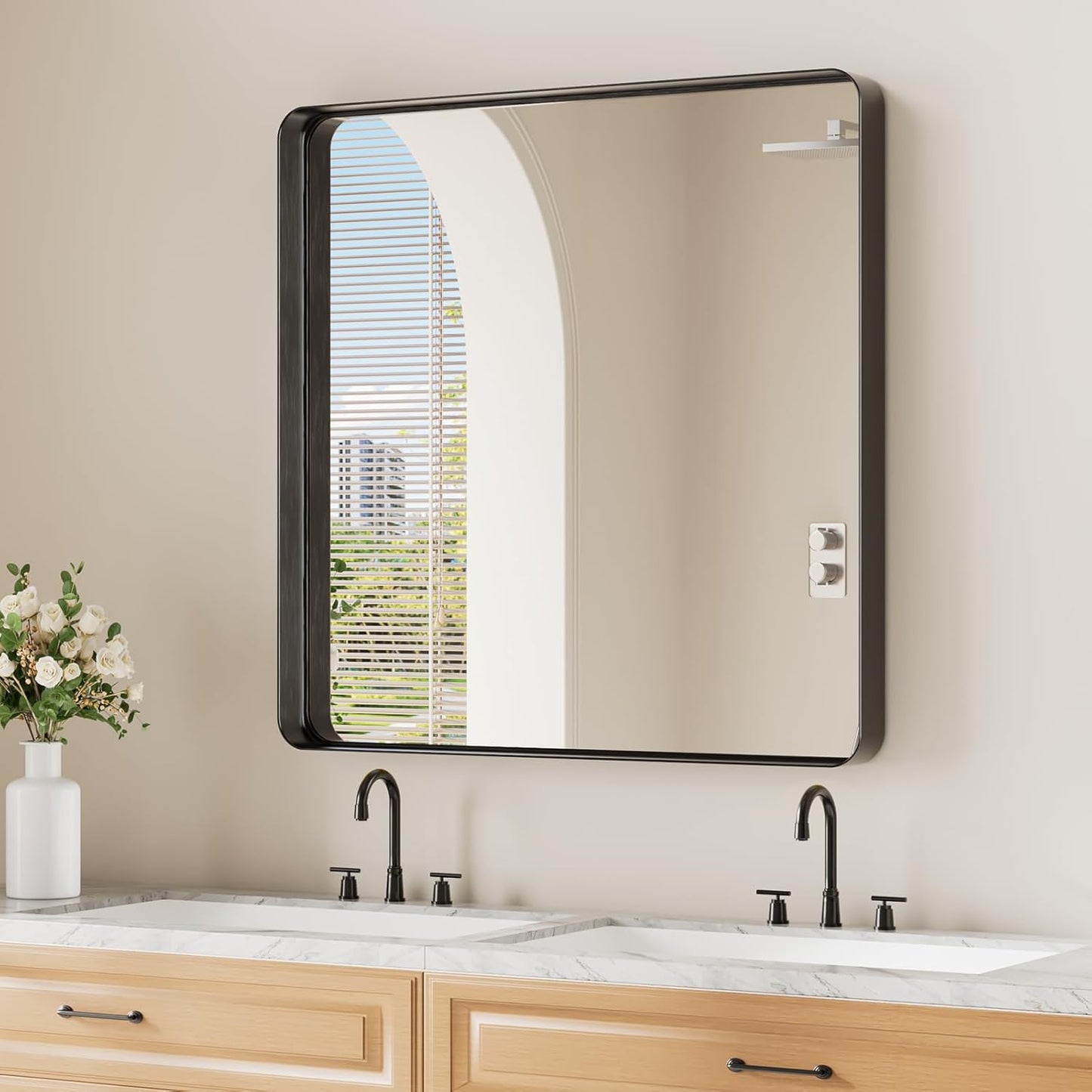 Koonmi Black Wall Mirror for Bathroom, 30x30 Inch Matte Deep Framed Rounded Rectangle Vanity Mirror for Farmhouse Living Room, Tempered Glass, Anti-Rust, Vertically or Horizontally