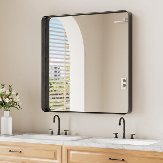 Koonmi Black Wall Mirror for Bathroom, 30x30 Inch Matte Deep Framed Rounded Rectangle Vanity Mirror for Farmhouse Living Room, Tempered Glass, Anti-Rust, Vertically or Horizontally
