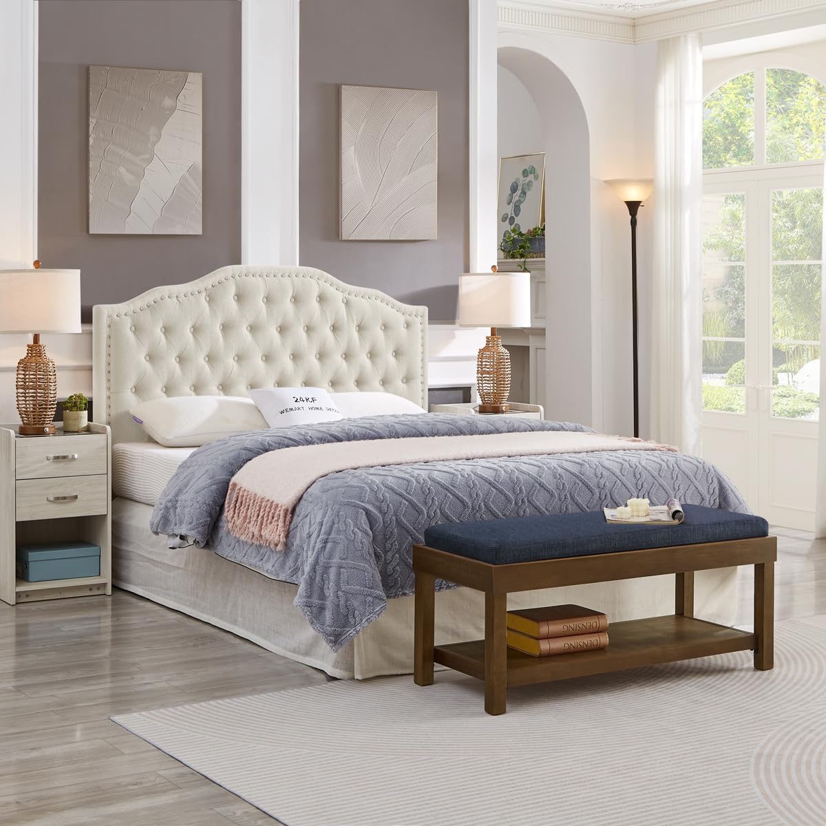 24KF Large Rectangular Storage Bench,Upholstered Seat Cushion,Ottoman Coffee Table with Navy Blue Removable Cushion for Living Room,Entryway Bench Bed Bench with Solid Wood Shelf,5069-Navy Blue