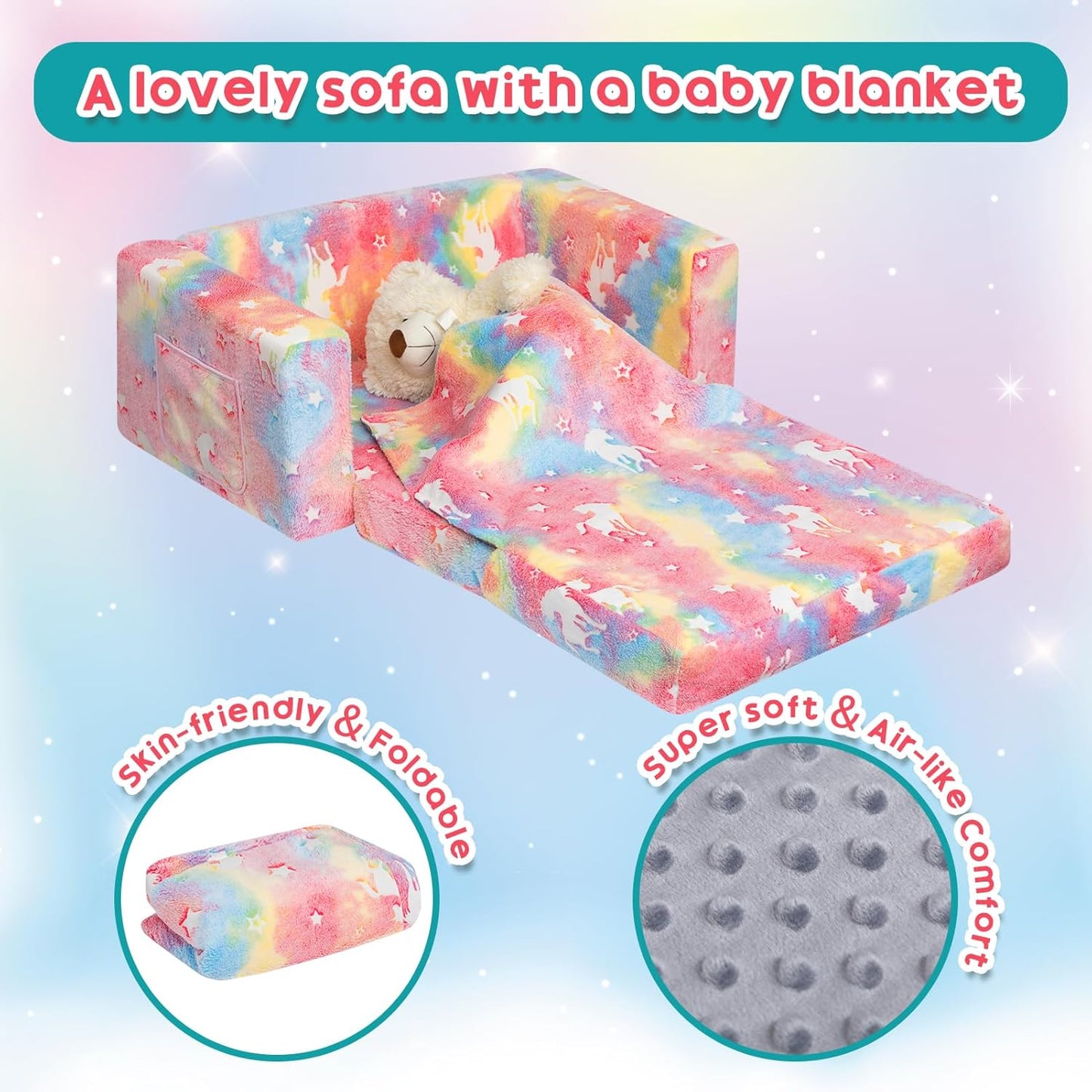 ALIMORDEN Fold Out Toddler Couch, Extra Wide Comfy 2-in-1 Cuddly Sherpa Sofa for Kids, with Removable Baby Friendly Blanket, Convertible Sofa to Bed, Unicorn