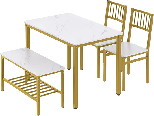 Teraves Dining Table Set for 4/Computer Desk,Kitchen Table with 2 Chairs and a Bench,Table and Chairs Dining Set 4 Picce Set for Dining Room (White Marbling+ Gold Frame,110CM)