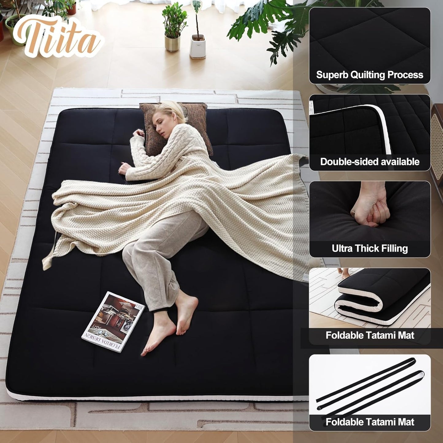 Tiita Memory Foam Mattress Topper Twin Size, 4" Thicken Futon Mattress with Storage Bag and 2 Straps, Portable Roll Up Travel Car Camping Mattress Floor Sleeping Pad, Black
