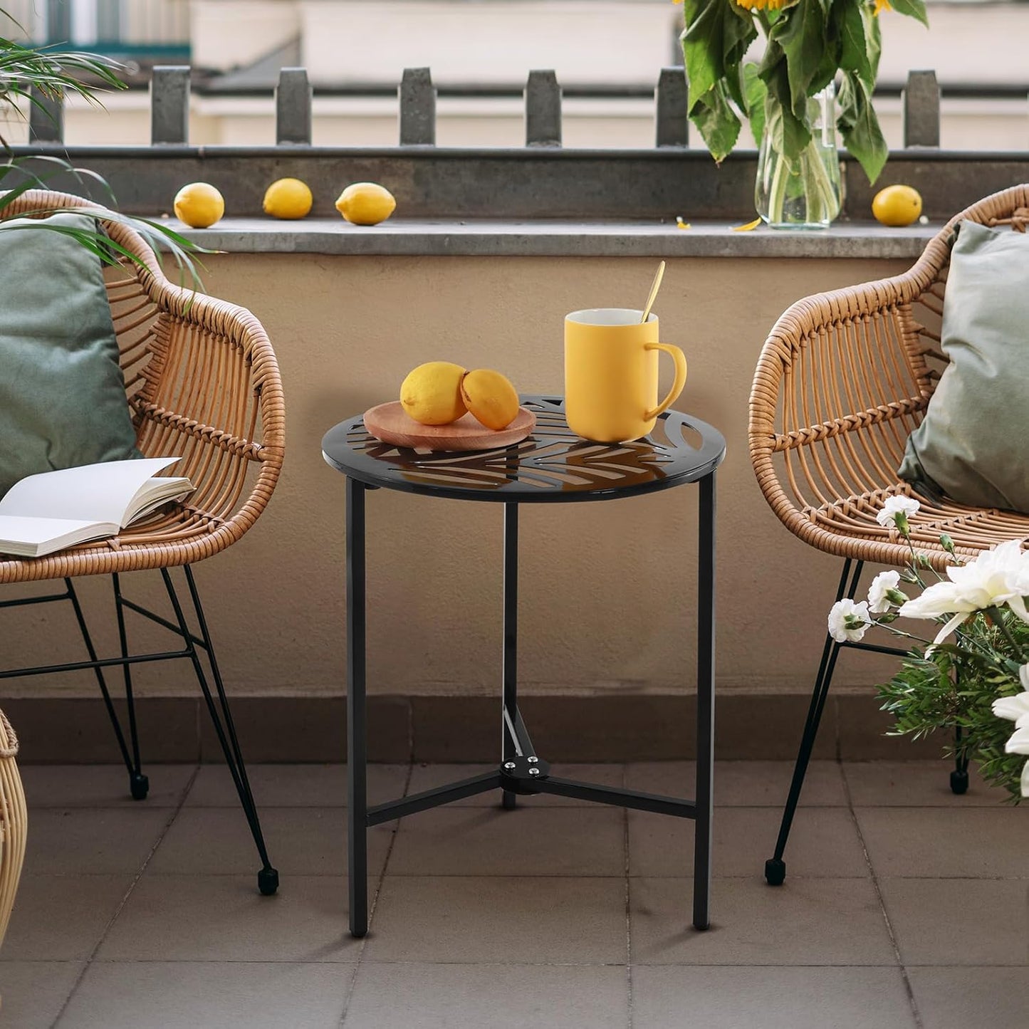 2 Packs 13" Metal Outdoor Side Tables Small Black Outside End Table for Patio Round Accent Garden Corner Stand for Small Spaces Weather-resistant Coffee Table for Balcony Porch Plant Stand