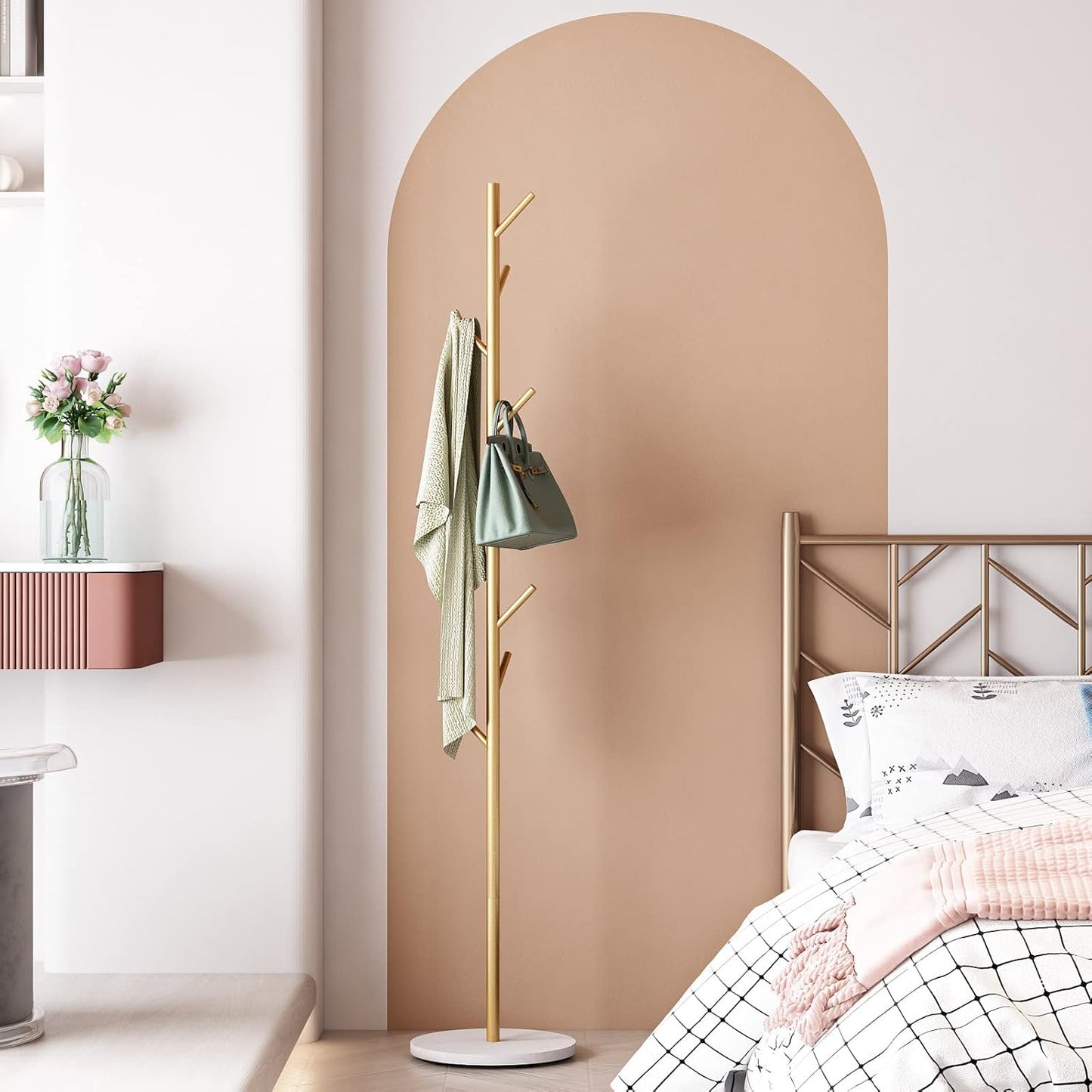 Gold Coat Racks, Metal Coat Rack Freestanding with Hooks, Entryway Coat Rack Stand, Coat Racks with Marble Base, Coat Tree for Hanging Clothes, Hats, Bags