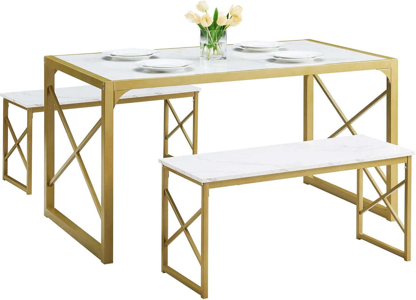 VECELO Kitchen Table with 2 Benches for 4-6,Wood Dining Room Dinette Sets with Metal Frame for Breakfast Nook and Small Space