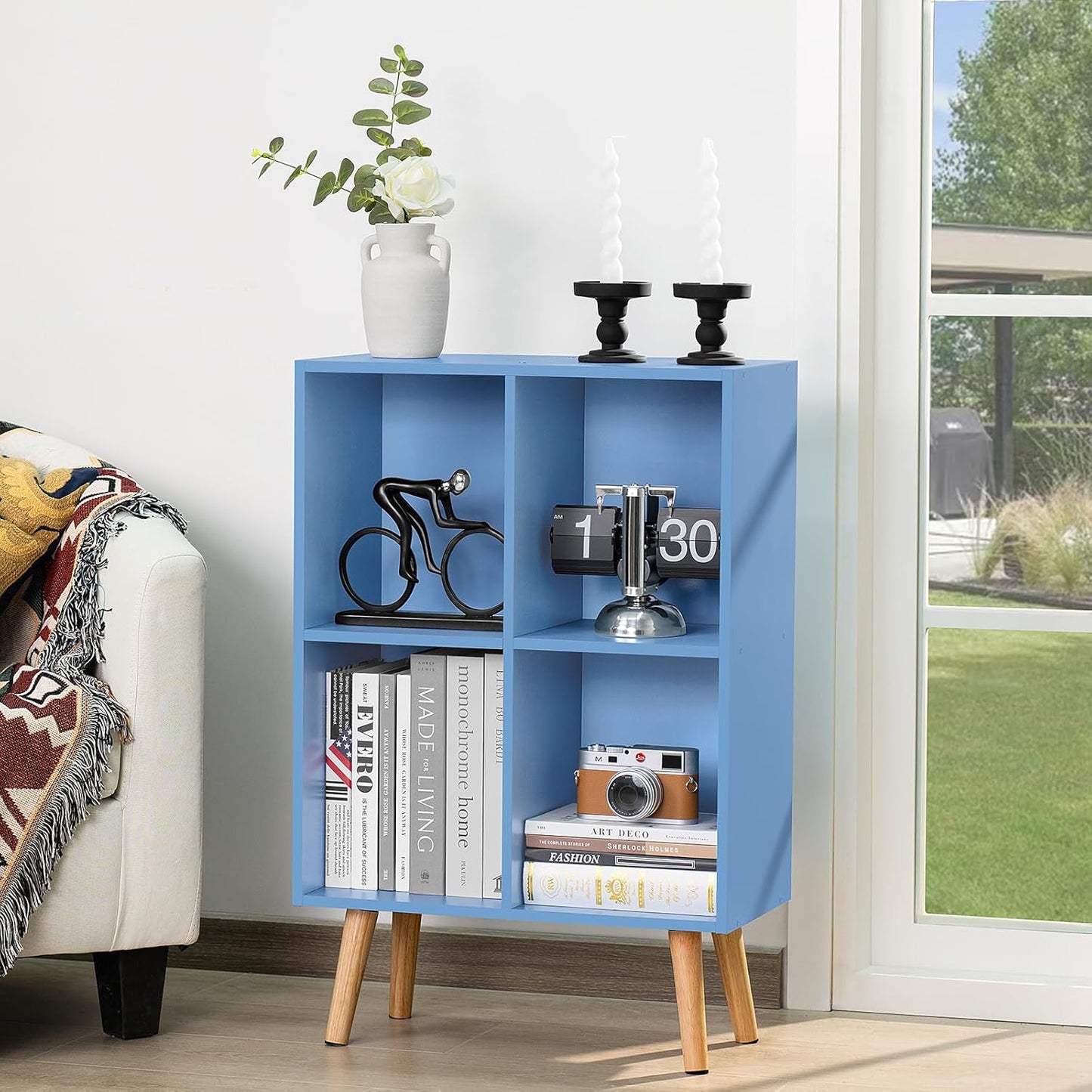 YAHARBO 4 Cube Bookshelf, Blue Small Kids Book Shelf with Cubby Storage,Wooden Modern Bookcase with Legs,2 Tier Freestanding Display Book Case Organizer,Bookshelves for Office,Nursery,Playroom