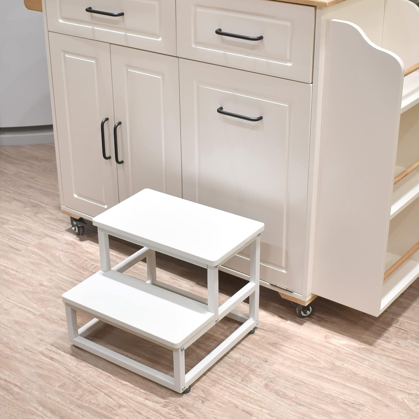 Nursery Step Stool, Wooden and Metal Foot Stool for Adult Kid, Steps for High Beds with Round Corners, Small Stepping Stool for Bedroom Kitchen, Load 500 LB, White