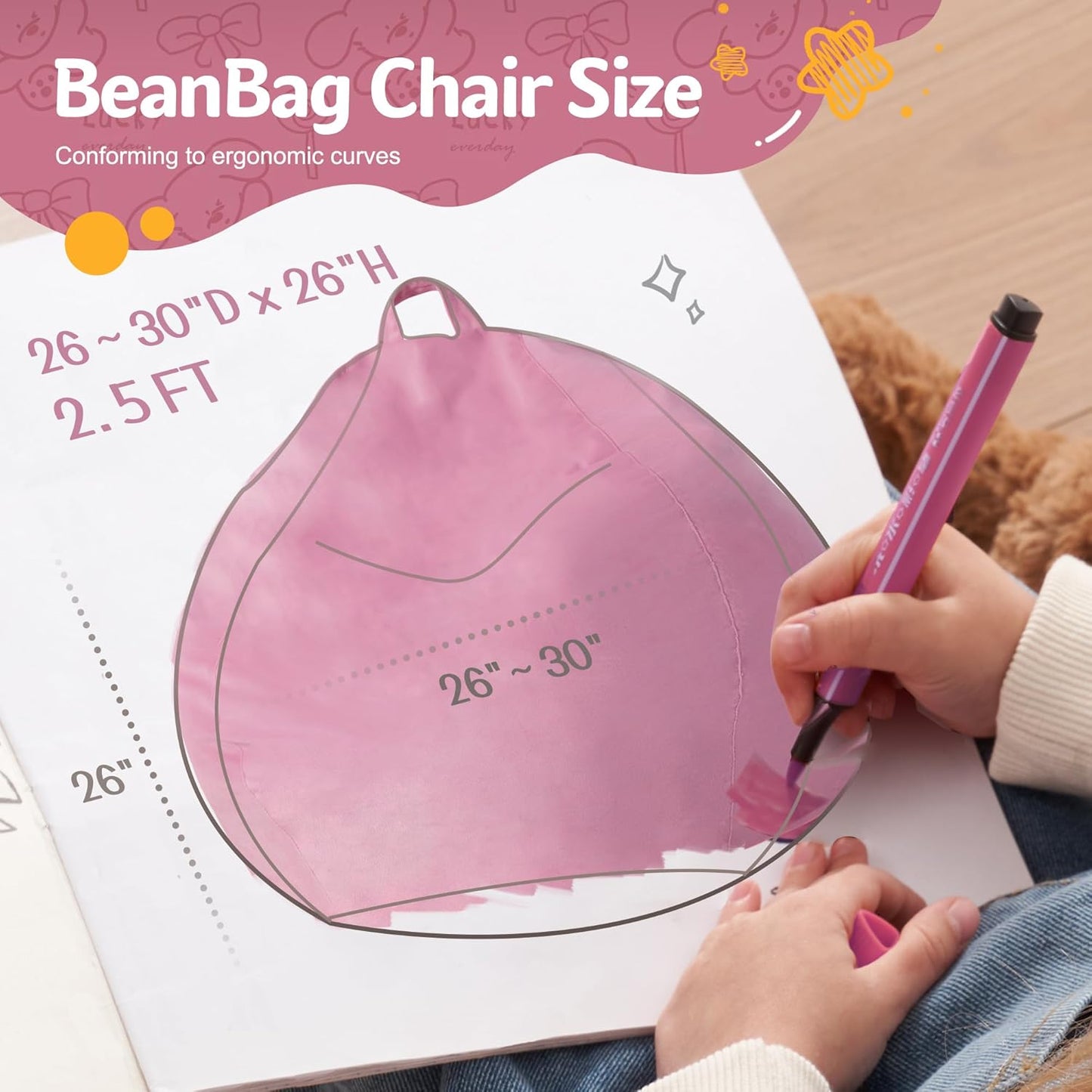 Homguava 2FT Bean Bag Chair: 2' Bean Bags with Memory Foam Filled,Comfy Beanbag Chairs Round Bean Bag Sofa with Dutch Velvet Cover-Dusty Pink