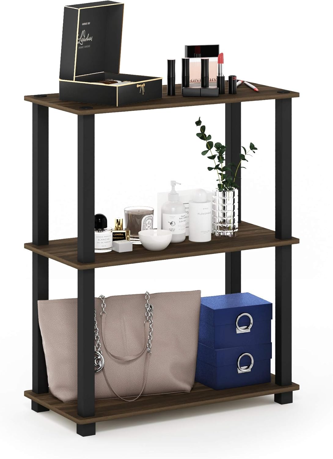 Furinno Turn-S-Tube 3-Tier Compact Multipurpose Shelf Display Rack with Square Tube, Columbia Walnut/Black