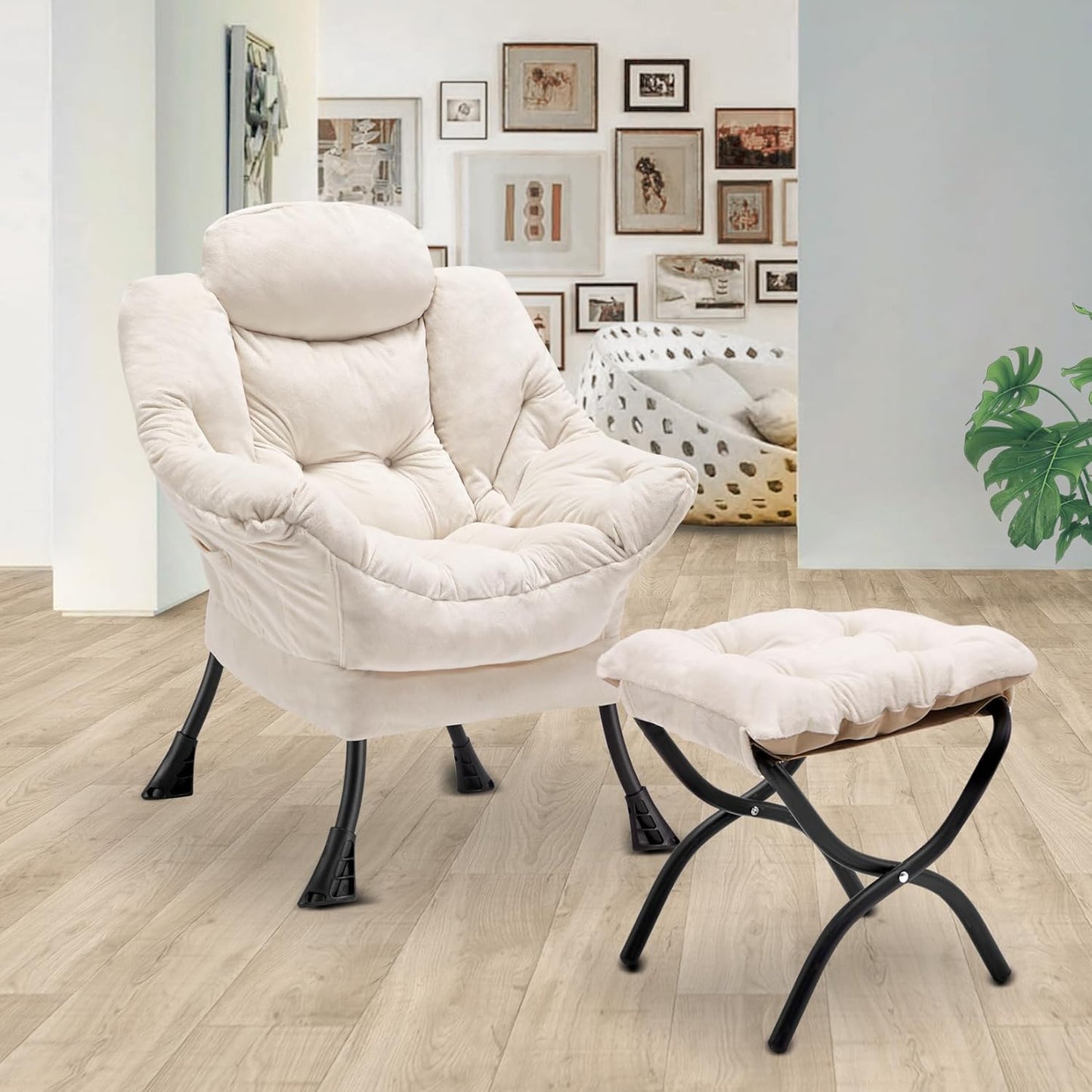 Lazy Chair with Folding Ottoman,Leisure Sofa Chair,Soft Fabric Armchair with Armrests and Side Pockets, Reading Chair with Footrest for Living Room, Bedroom, Office (Plush Beige)