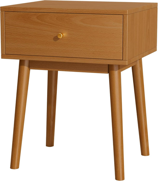 Small Solid Wood end Table with 1 Drawers, Mid-Century Modern Night Stand/nightstands,Side Table with Storage (Caramel)