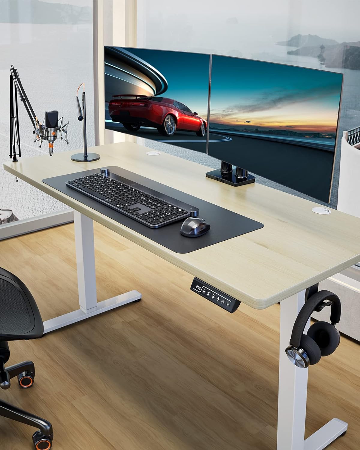 ErGear Height Adjustable Electric Standing Desk, 55 x 28 Inches Sit Stand up Desk, Large Memory Computer Home Office Desk with Two-Piece Desktop (Natural)