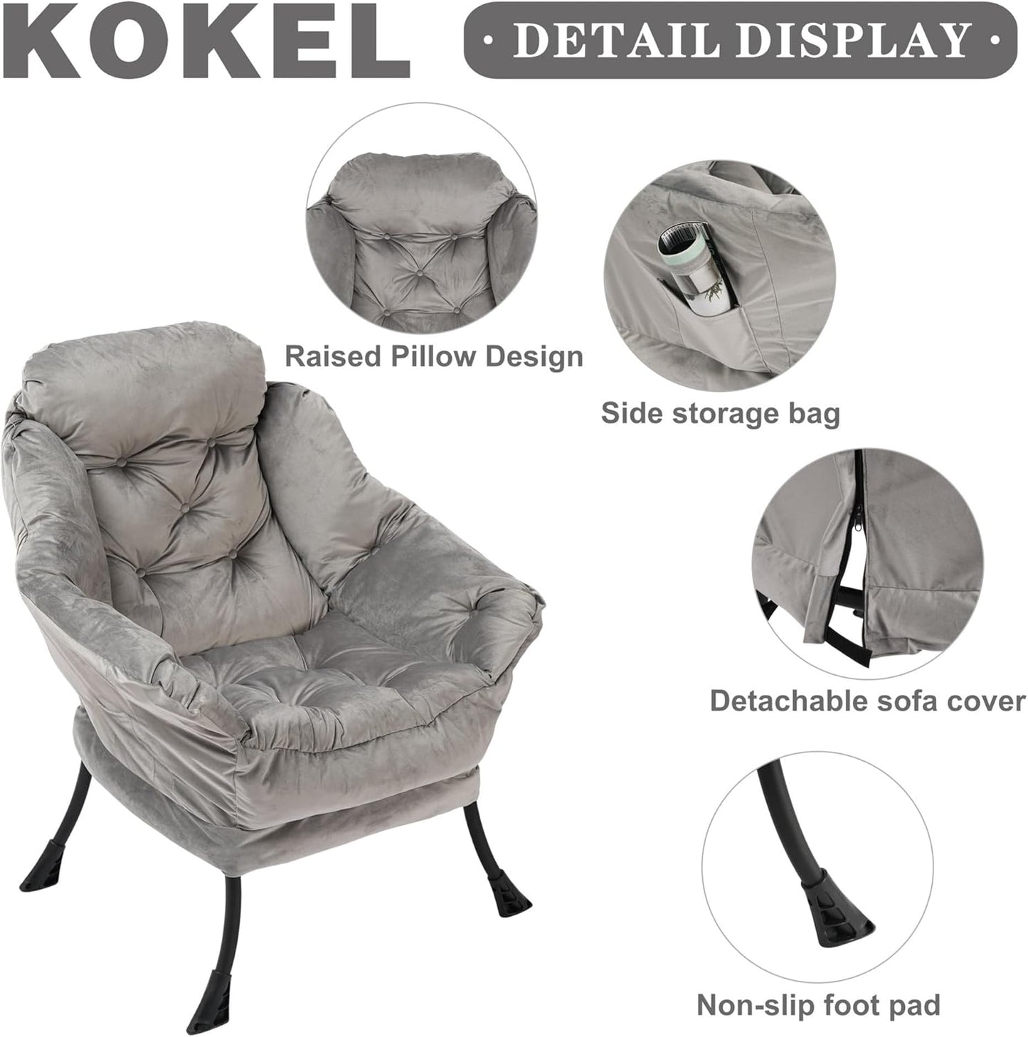 Lazy Chair with Folding Ottoman,Living Room Chairs, Accent Contemporary Lounge Chair, Single Steel Frame Leisure Sofa Chair with Armrests and A Side Pocket (Light Gray)