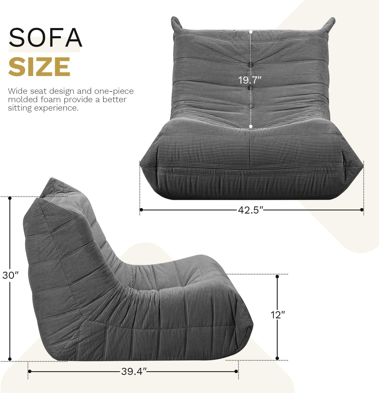 Bean Bag Chairs for Adults, Memory Foam Couch Sofa Chair,One-Piece Foam Padding,Cozy Corduroy Material Bean Bag Chair,Bean Bag Sofa for Reading in Bedroom Living Room and Dorms，Gray