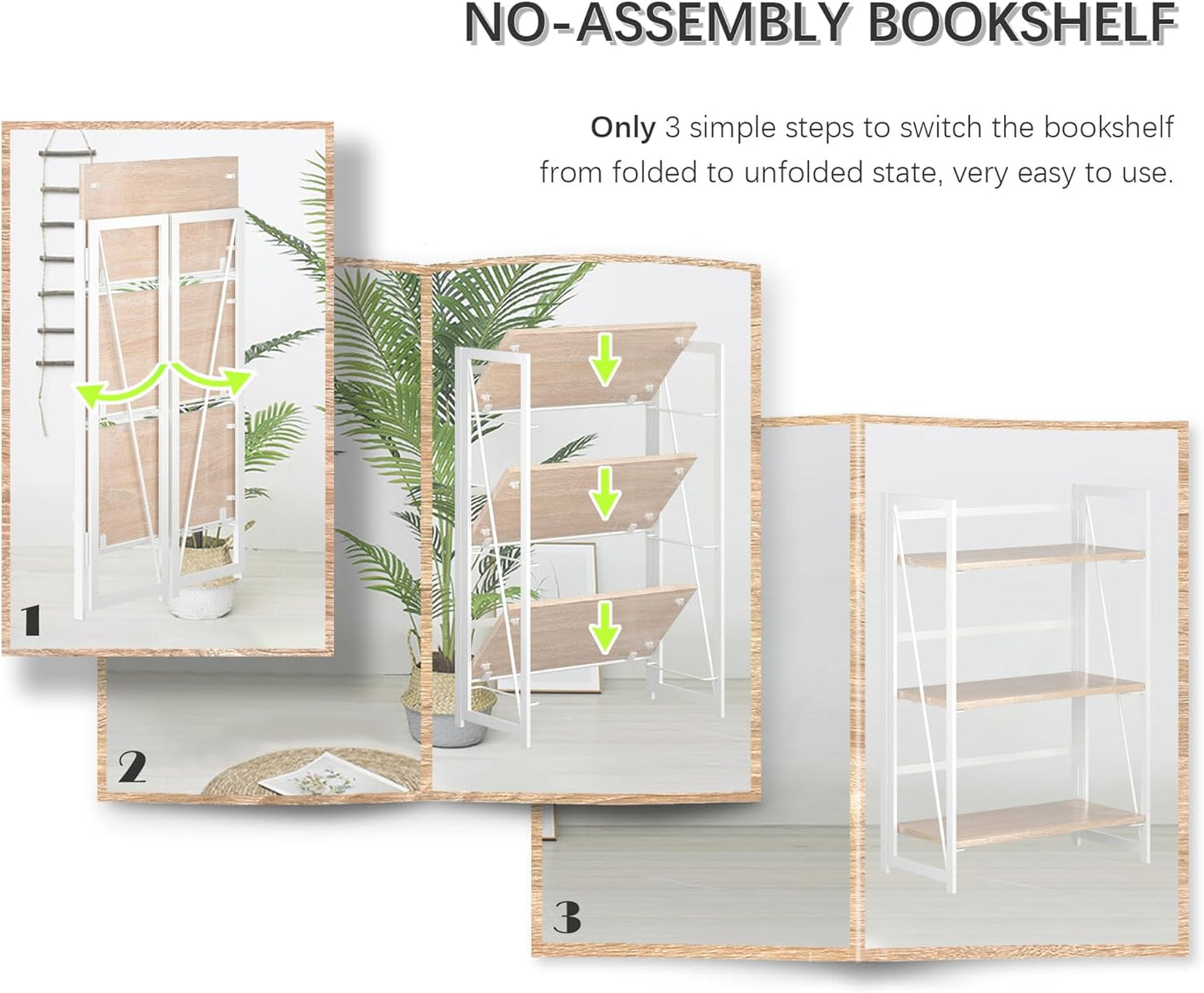 4NM No Assembly 3 Tiers Book Shelves, White Folding Bookshelf Bookcase Open Industrial Foldable Shelves for Bedroom, Living Room, Home Office - Natural White