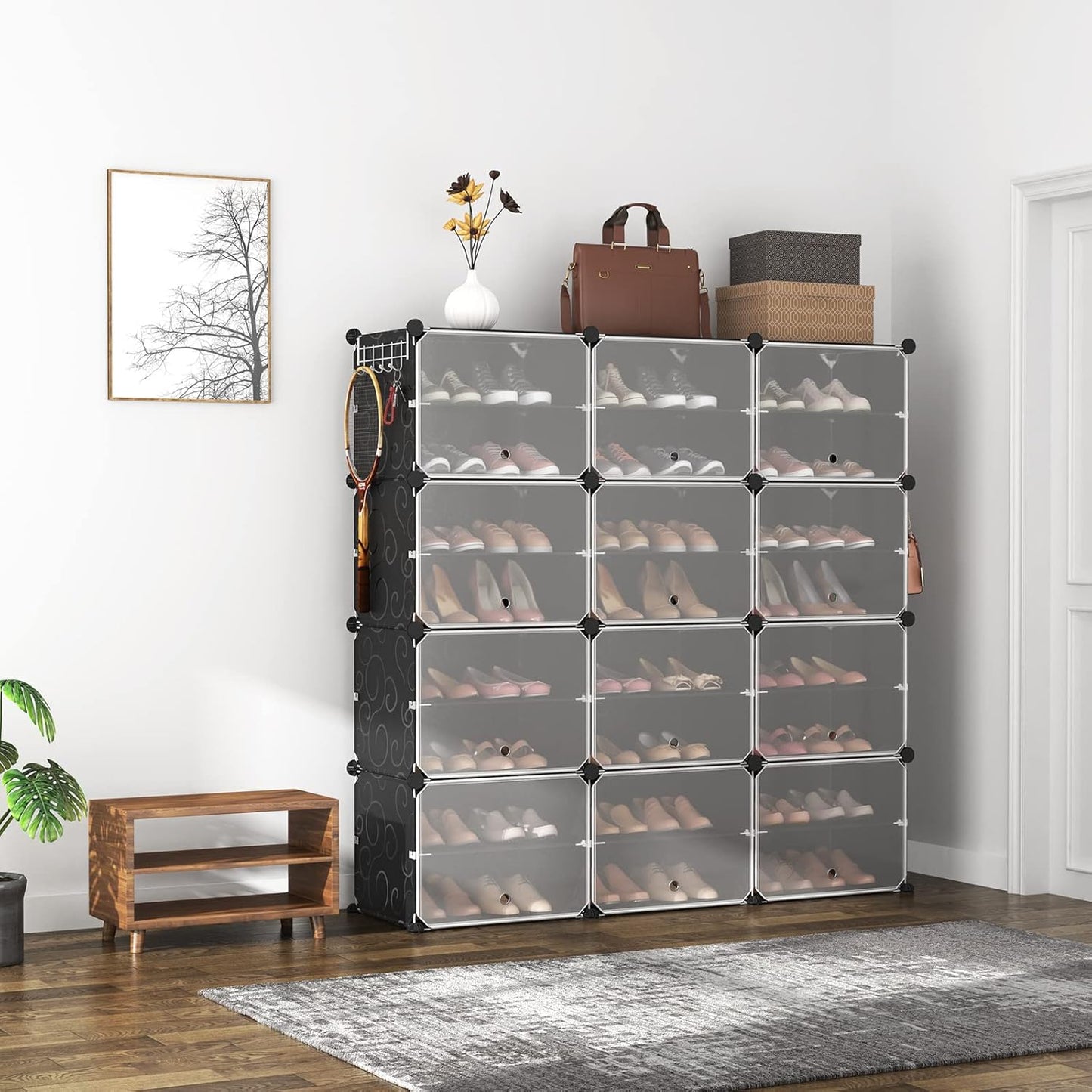 ROJASOP Portable 8-Tier Shoe Cabinet - 48-Pair Shoe Organizer with Expandable, Free Standing, Stackable Space Saving Design and 2 Exclusive Versatile Hooks for Bedroom