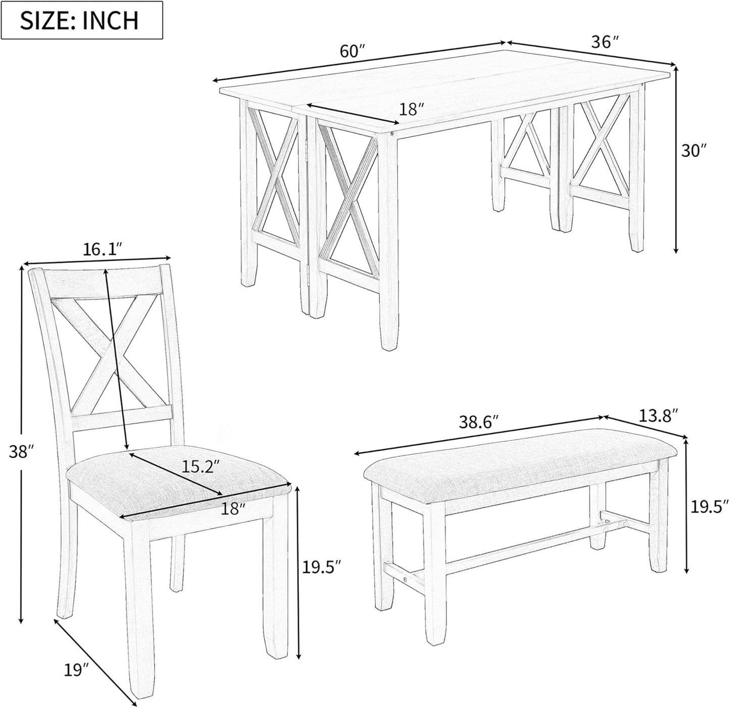 Ball & Cast 6-Piece Dining Table Set, 60" Wood Dining Kitchen Table & Chairs Set, Rectangular Dining Room Foldable Table with 4 Upholstered Chairs & 1 Bench,Perfect for Dining Room, Kitchen, Espresso