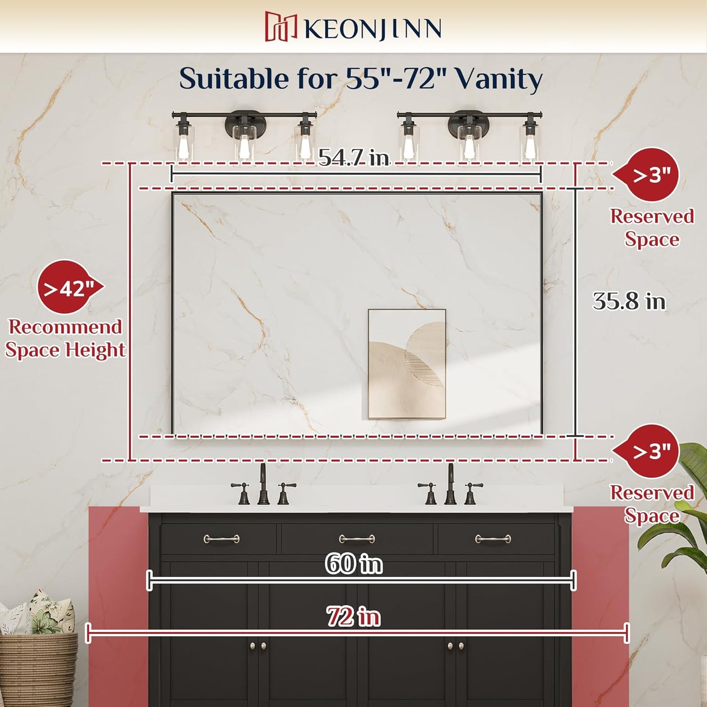 Keonjinn Brushed Gold Bathroom Mirror 55 x 36 Inch, Large Gold Vanity Mirror for Wall, Metal Frame,Rectangle Square Corner, Oversized, Modern Farmhouse(Horizontal/Vertical)