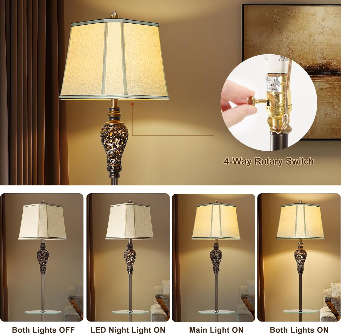 Rustic Floor Lamp for Living Room with Nightlight and Glass Tray, Vintage Standing Lamp with Beige Faux Silk Shade, Farmhouse Tall Lamp for Bedroom Study Home Office Hotel Bar - Brown (Bulb Included)