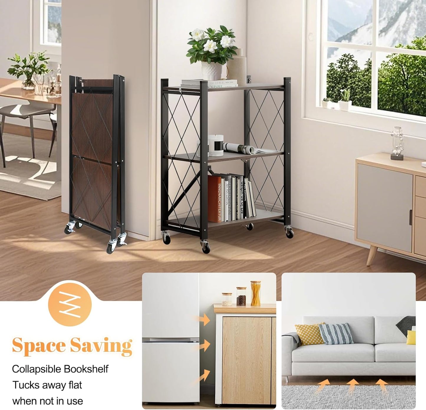 BAOYOUNI 3-Tier Vintage Industrial Bookshelf - No Assembly Folding Storage Shelf with Woodgrain Finish | Collapsible Metal Bookcase for Living Room, Office & Bedroom