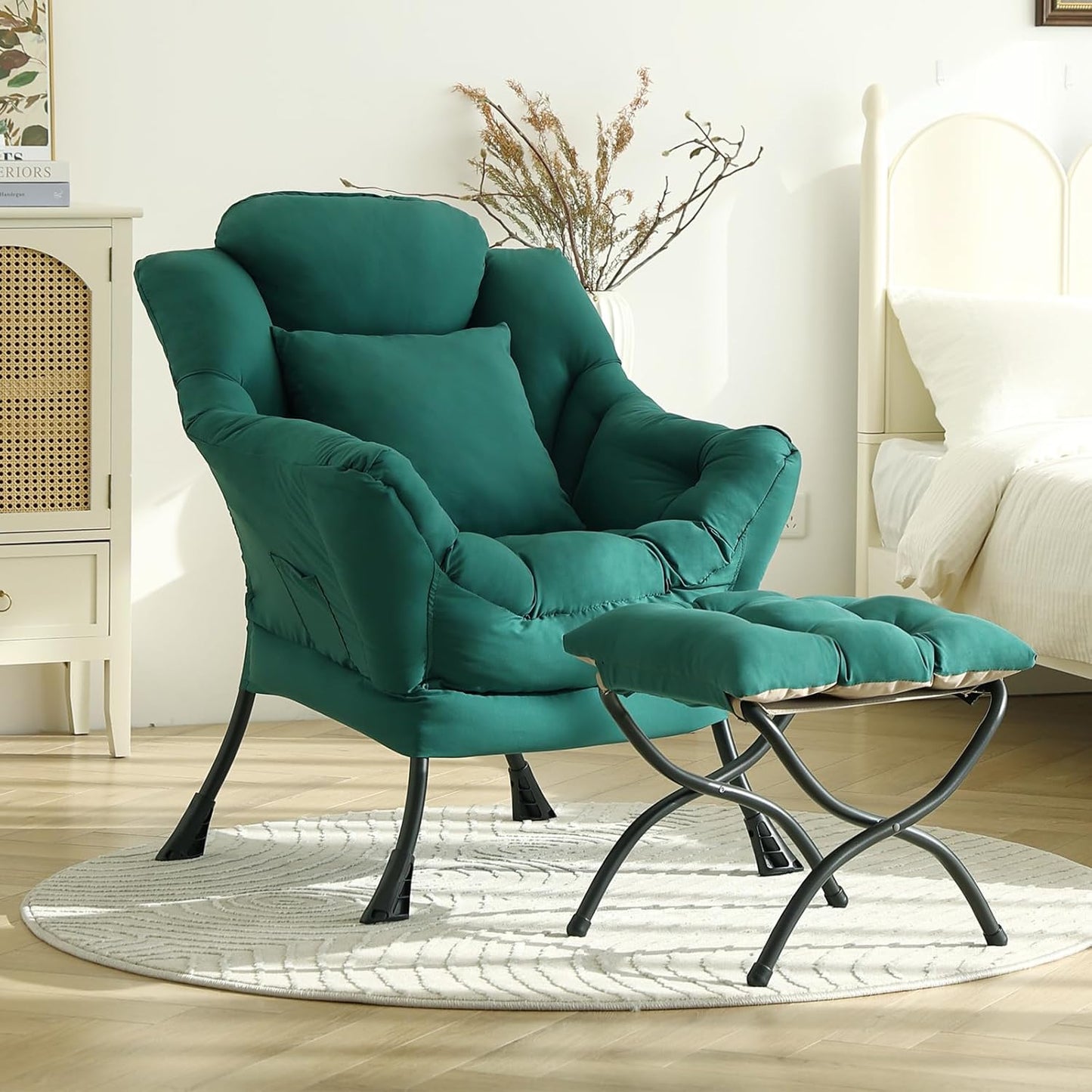 Lazy Chair with Ottoman, Modern Lounge Armchair with a Pillow, Leisure Sofa Armchair Set, Reading Chair with Footrest for Living Room, Bedroom, Office, Dorm Room, Peach Green