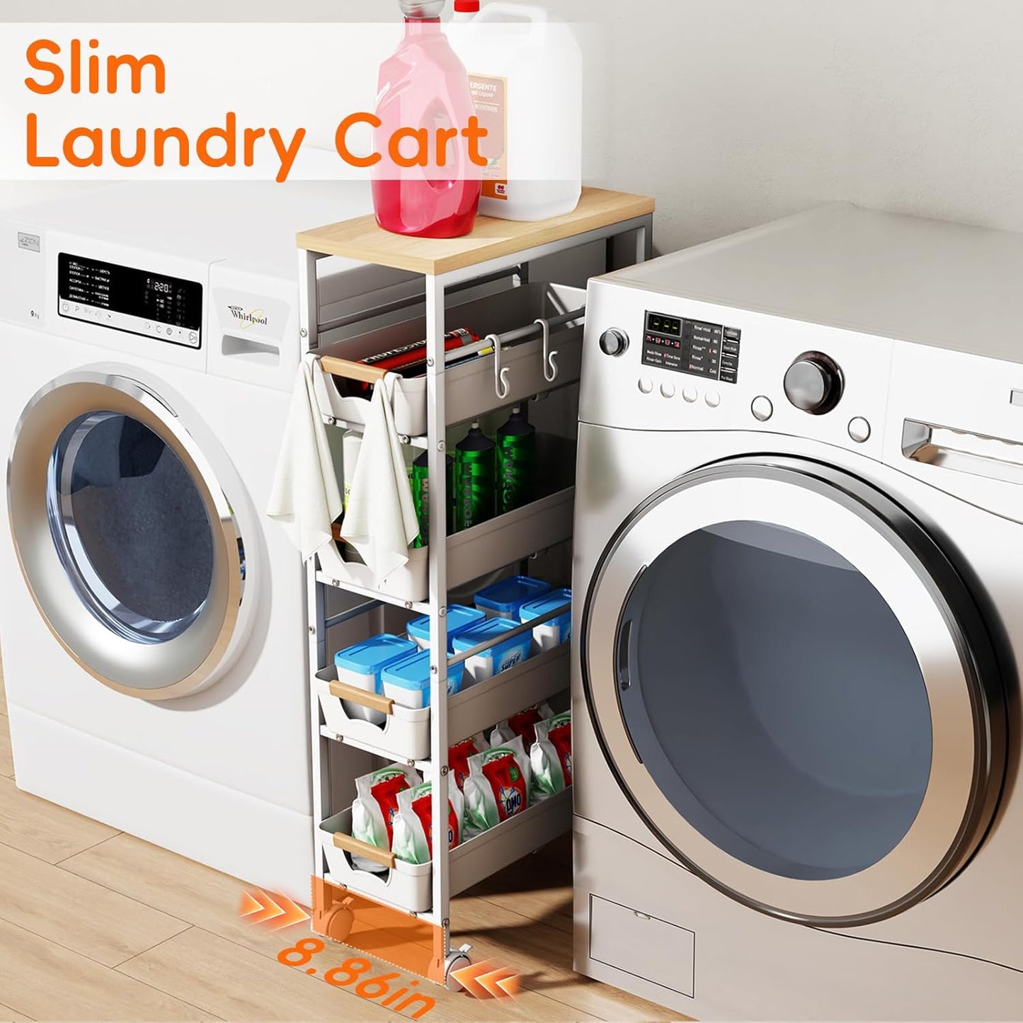 5-Tier Slim Storage Cart, Wooden Top Rolling Kitchen Cart with Pull-Out Baskets & Wheels, Narrow Space Utility Cart Slide Out Organizer for Kitchen, Bathroom, Laundry Room, White