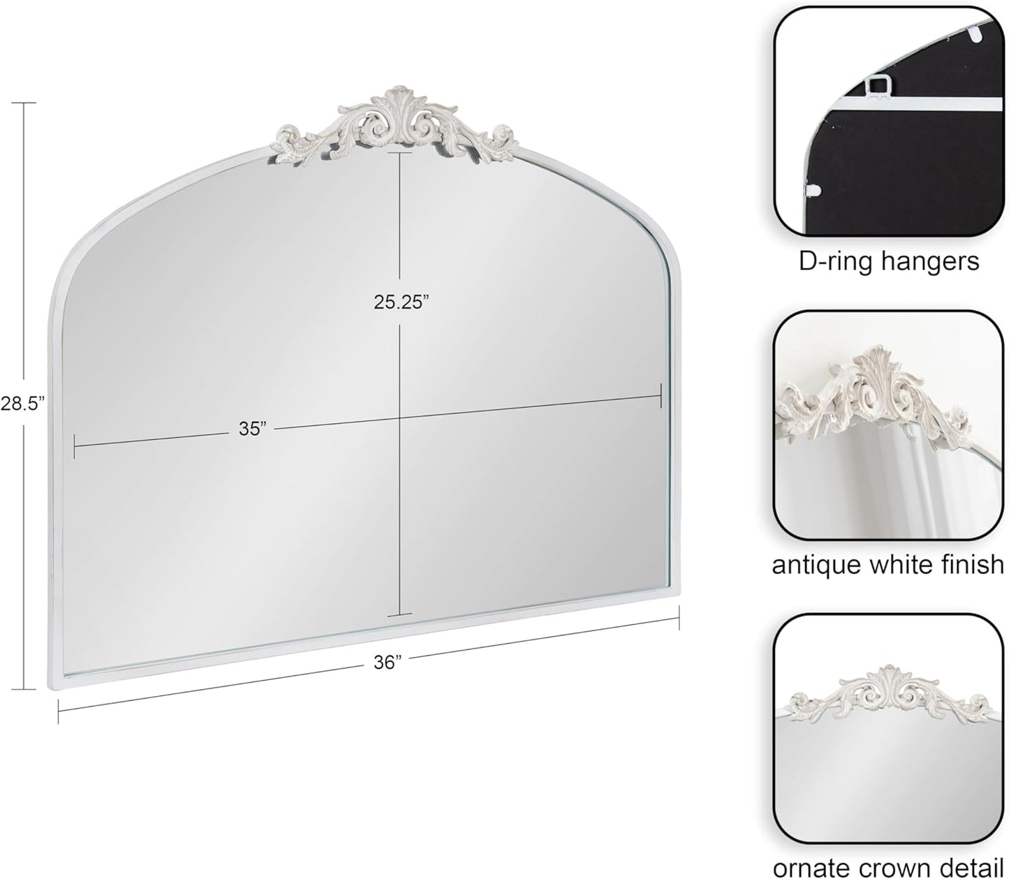 Kate and Laurel Arendahl Ornate Traditional Arched Mirror; 36 x 29; White; Decorative Baroque Style Arched Wall Mirror with Wide Frame and Ornamental Crown