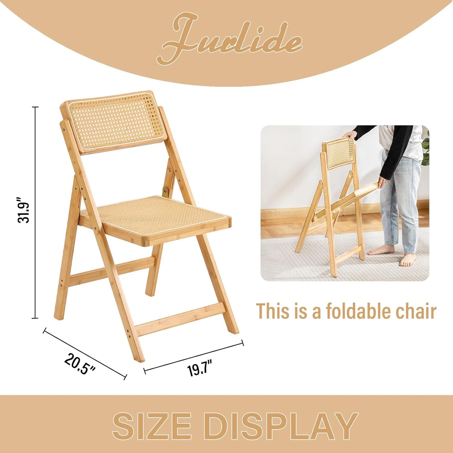 Rattan Folding Chairs, Modern Mid Century Dining Chairs Set of 2, Outdoor Bamboo Chair for Bedroom Living Room Reading Room Dining Kitchen, Wood