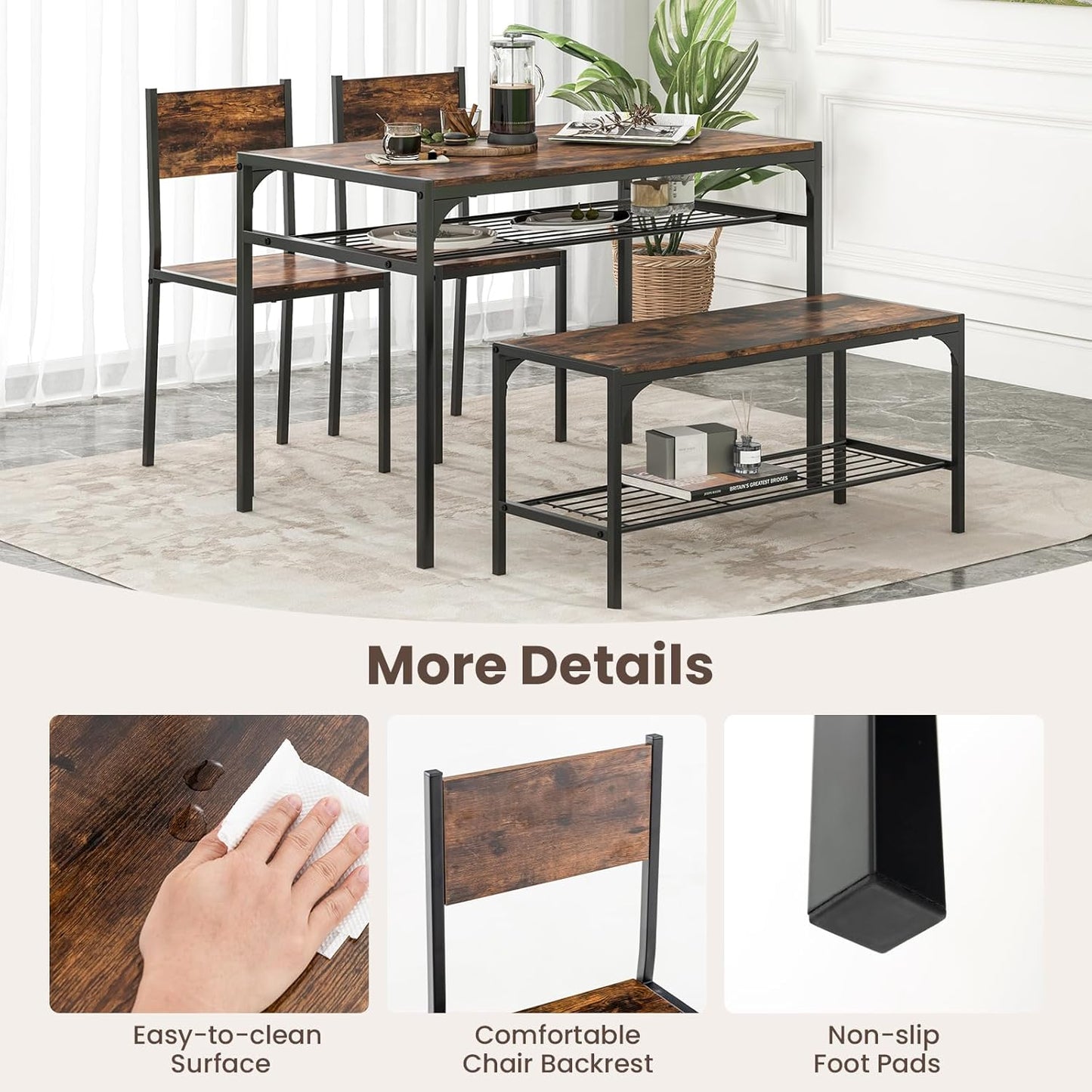 Tangkula Dining Table Set for 4, Kitchen Table and 2 Chairs for 4 with Bench, Additonal Storage Rack, 4 Piece Dining Table Set for Small Space, Apartment