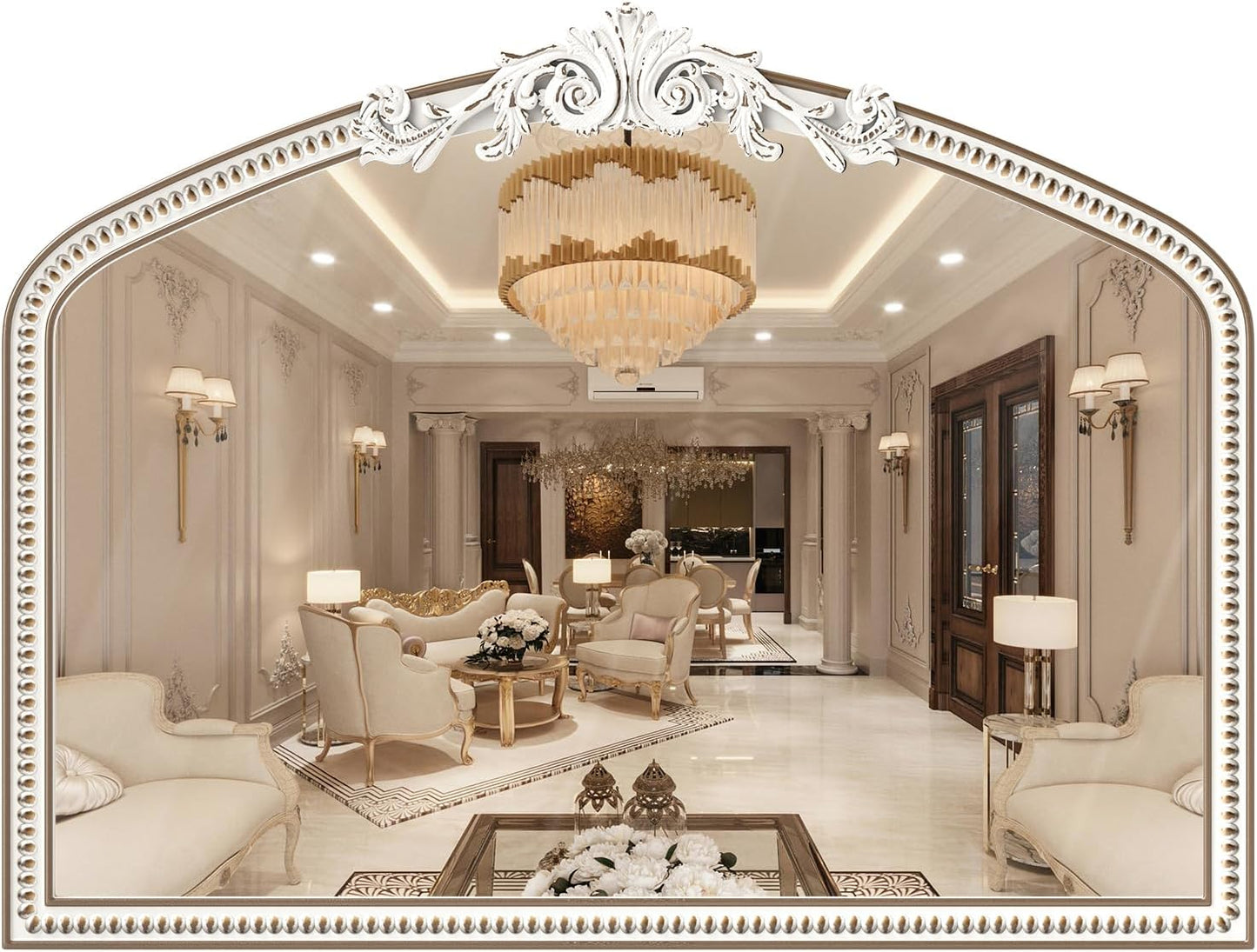 42''x32'' Baroque Wide Arched Wall Mirror, Ornate Wooden Farmhouse Arch Decorative Mirrors for Entryway, Fireplace, Bathroom with Beads Decor