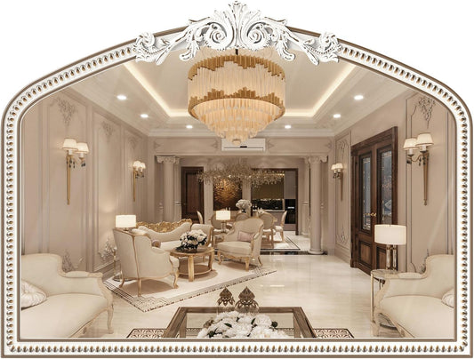 42''x32'' Baroque Wide Arched Wall Mirror, Ornate Wooden Farmhouse Arch Decorative Mirrors for Entryway, Fireplace, Bathroom with Beads Decor