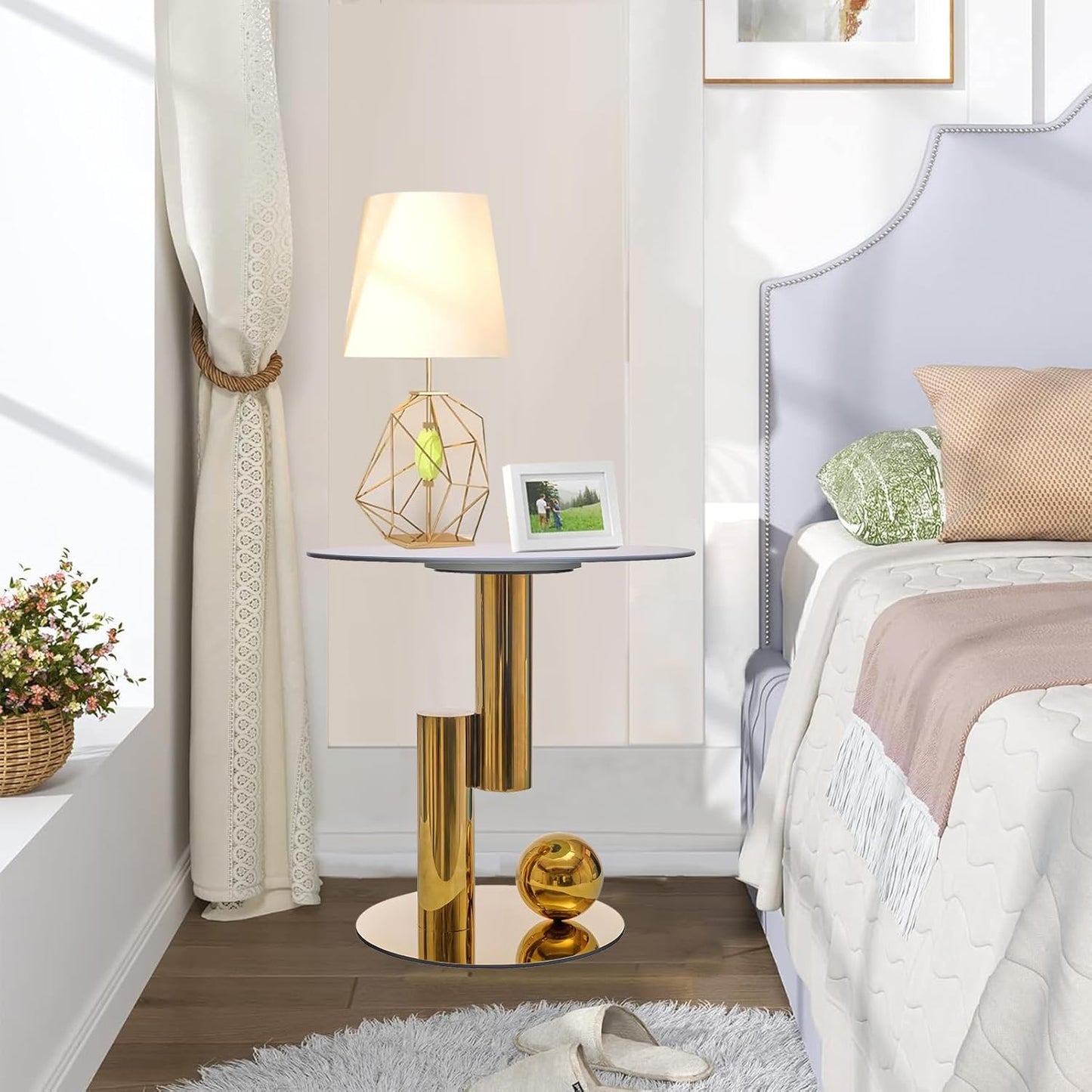 White Gold Round Side Table, 19.7" Faux Marble Sofa End Table, Modern Nightstand, Small Accent Table with Stainless Steel Ball/Cylindrical Frame, for Living Bedroom Office (Gold, 50cm/19.7")