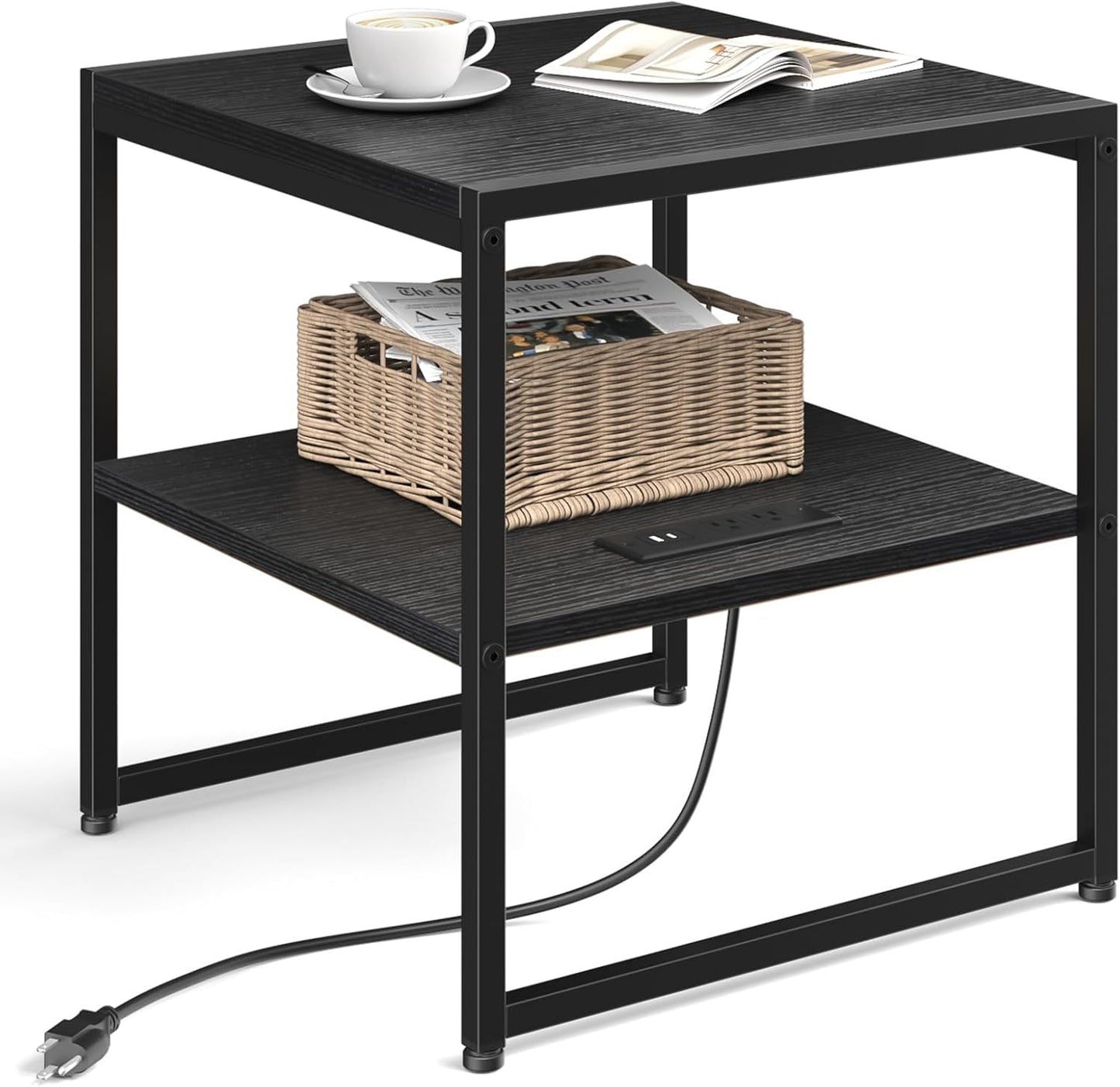 Tatub 20" End Table with Charging Station, Industrial Square Side Table with USB Ports & Outlets, Versatile 2-Tier Small Nightstand for Bedroom Living Room, Black