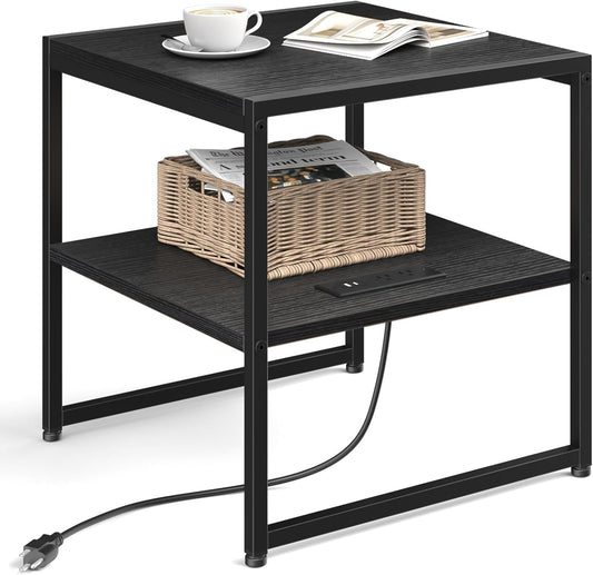 Tatub 20" End Table with Charging Station, Industrial Square Side Table with USB Ports & Outlets, Versatile 2-Tier Small Nightstand for Bedroom Living Room, Black