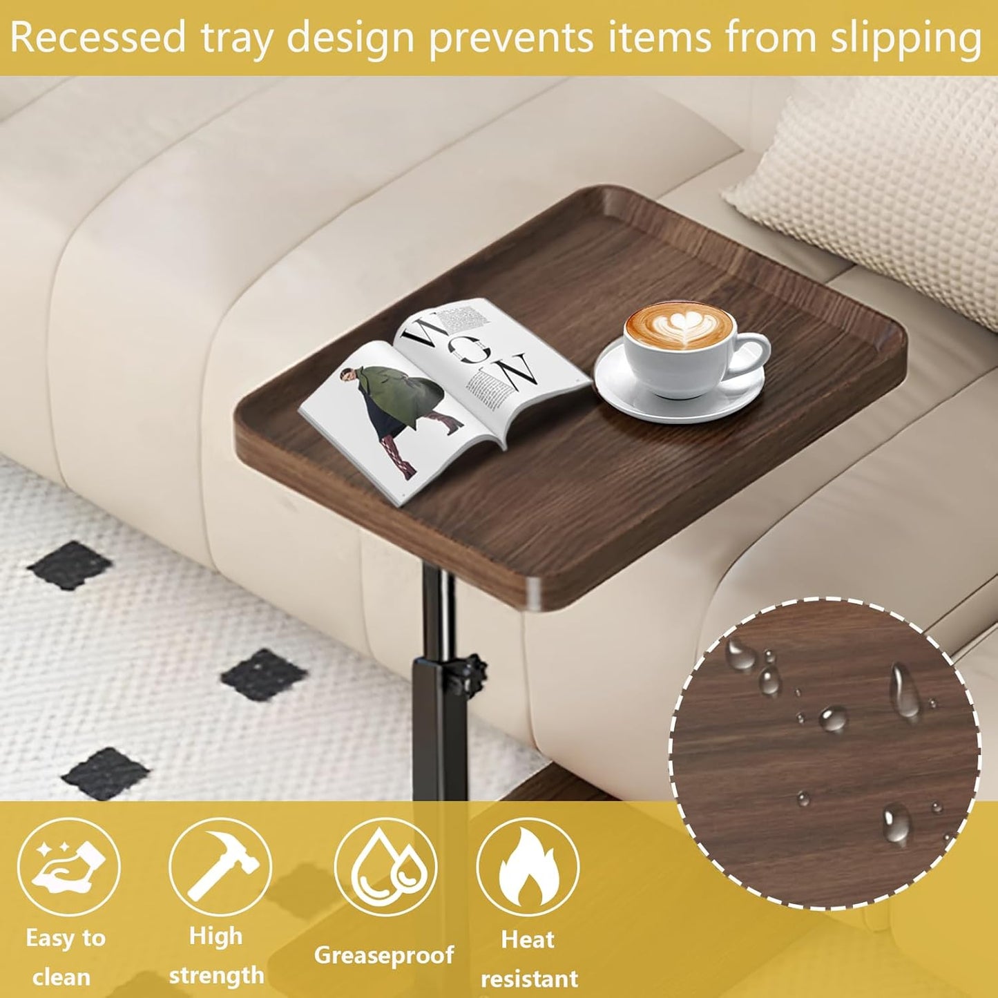 C Table End Table Adjustable Height, 360°Swivel TV Tray Table for Small Spaces, Couch Tables That Slide Under, C Shaped Side Tables with Wheels for Living Room and Bedroom, Bed