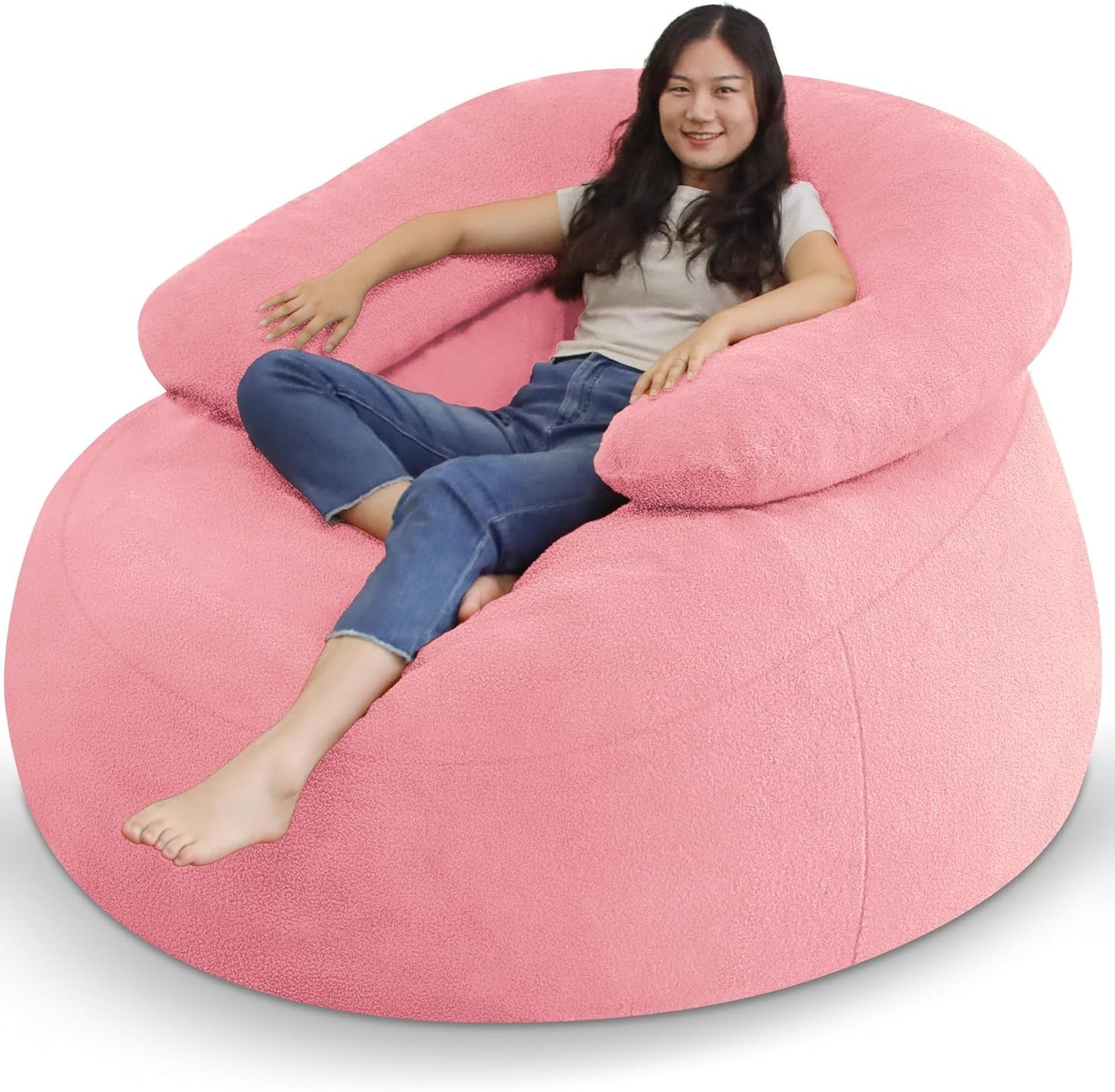 HABUTWAY Bean Bag Chair with U-Shaped Pillow for Adult and Kids Big BeanBag Chair with Filling Ultra Soft Teddy Fleece Couch Chair with Washable Cover for Living Room Bedroom, Light Pink & Light Pink