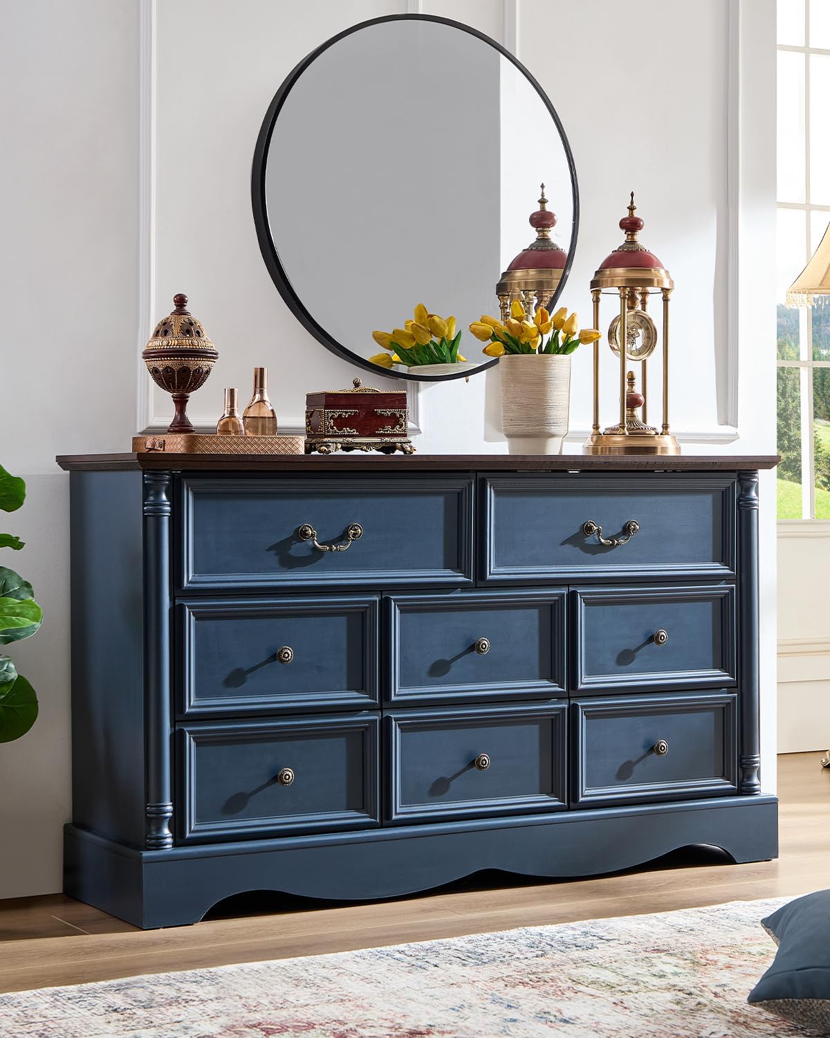 Farmhouse 8 Drawers Dresser for Bedroom with Charging Station, 54" Wide Wood Country Rustic Storage Dressers Organizer, Vintage Design Chest of Drawers TV Stand for Bedroom, Living Room