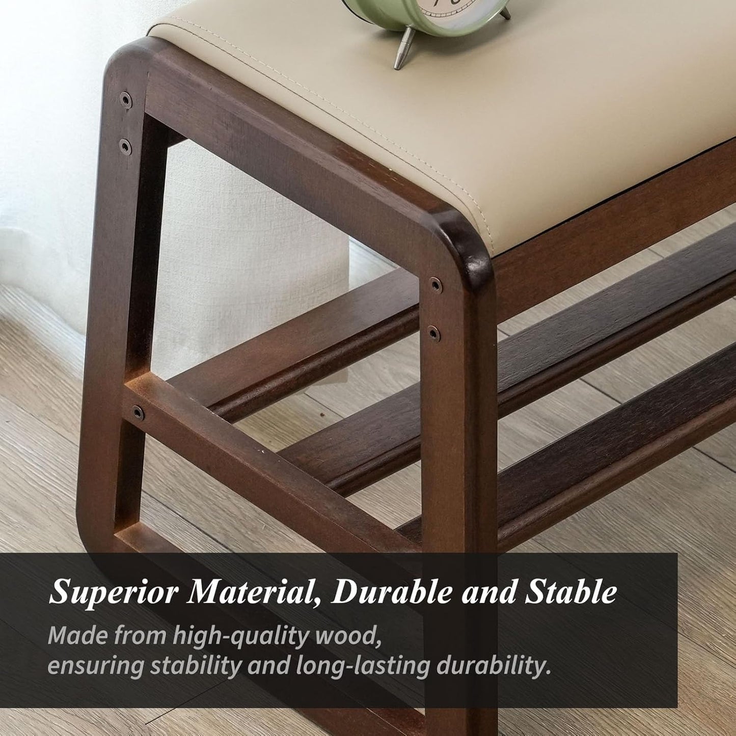 Shoe Bench, Entryway Bench with Leather Cushion, Solid Wood Shoe Rack, Mid Century Modern Bench, Shoe Storage, Shoe Organizer for Entryway (Grey, 21.7" W)