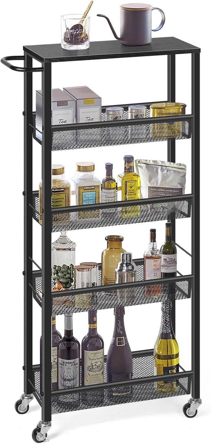 MOOACE Slim Storage Cart, 5 Tier Kitchen Rolling Carts with Wheels, Metal Narrow Cart Utility Cart Mobile Shelving Unit for Bathroom Organizer Kitchen Office Laundry Room, Black