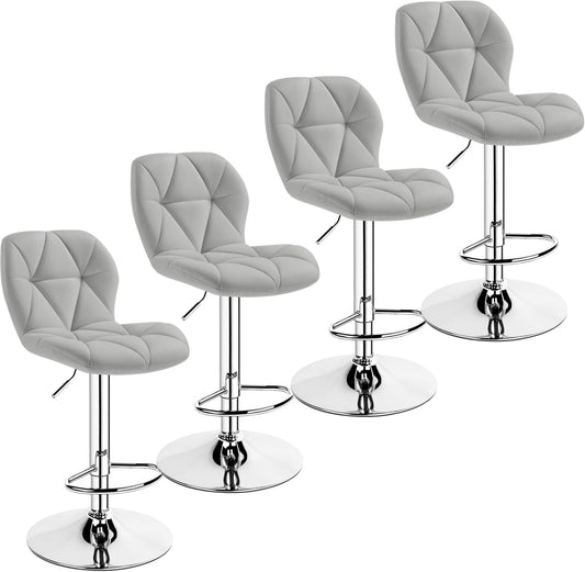 Yaheetech Bar Stools Set of 4, PU Leather Swivel Barstools, Height Adjustable Counter Stools with Backrest fot Kitchen Home Bar, Light Grey