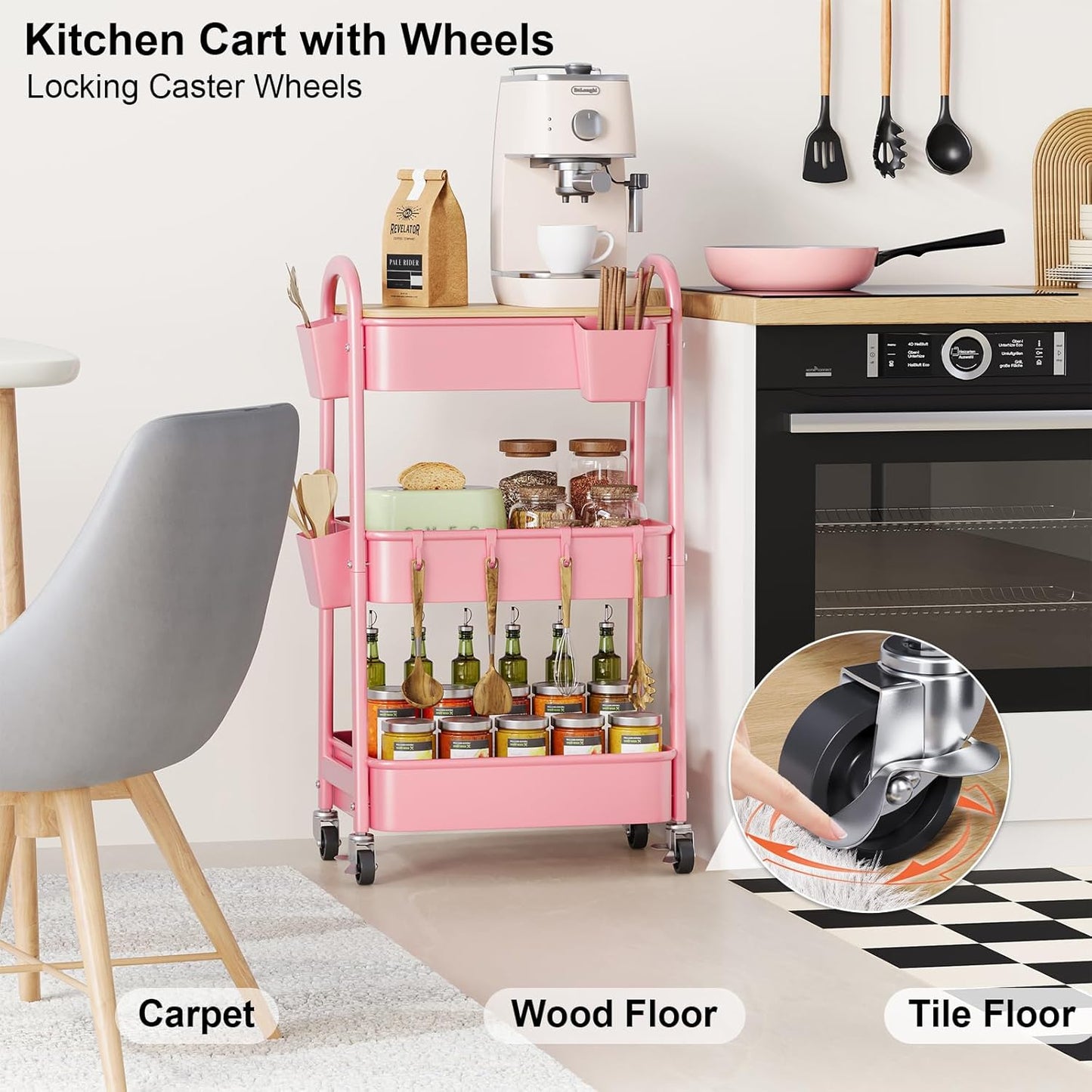 3 Tier Rolling Cart Metal with Wheels & Table Top, Pink Utility Cart with Cups and Hooks, Three Tiered Craft Cart Organizer on Wheels, Storage Carts for Salon, Lash, Hair, Nail, Makeup, Diaper, Book