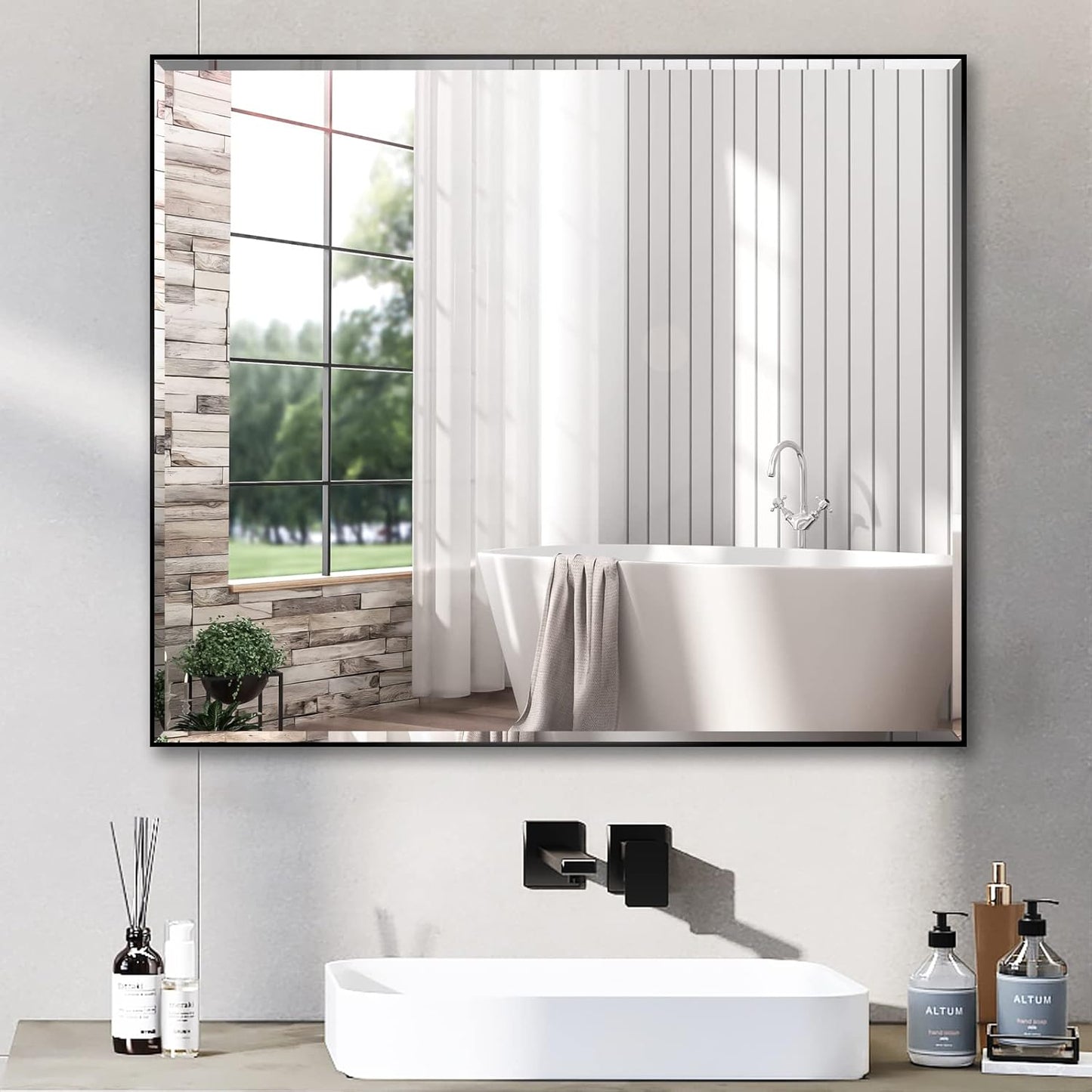 30x36 Inch Black Mirror with Beveled Trim, Aluminum Frame Bathroom Vanity Mirror, Copper-Free Mirror, Rectangle Wall Mounted Mirror, Modern Rectangular Mirror Horizontal or Vertical