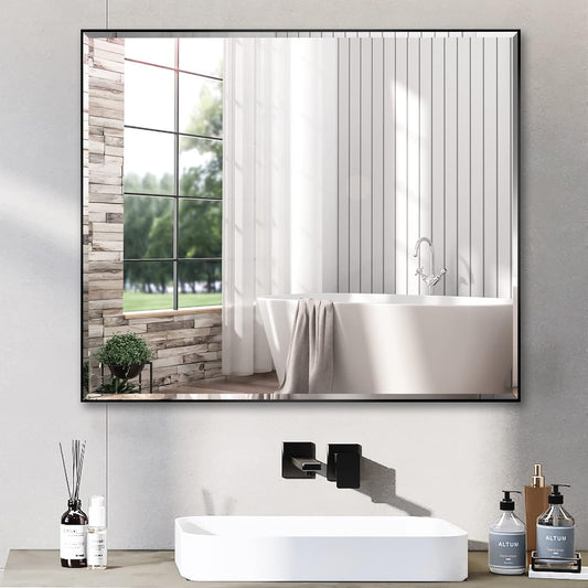 30x36 Inch Black Mirror with Beveled Trim, Aluminum Frame Bathroom Vanity Mirror, Copper-Free Mirror, Rectangle Wall Mounted Mirror, Modern Rectangular Mirror Horizontal or Vertical