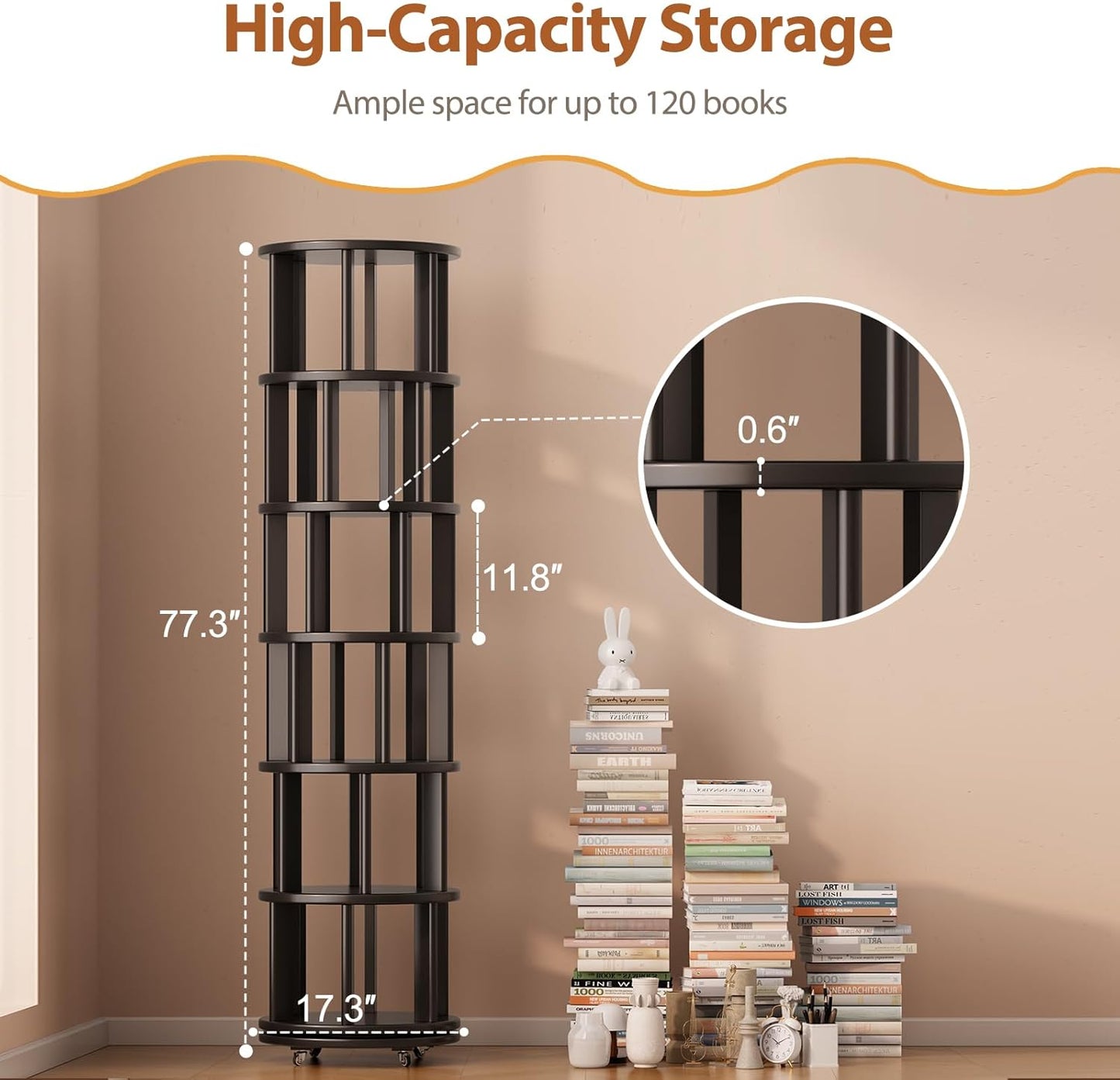 Solid Wood Rotating Bookshelf on Wheels, 6 Tier, Round Revolving Bookcase, 360° Spinning Book Shelf Tower for Kids, Narrow Rolling Bookshelves for Small Space, Corner, Bedroom, Office, Black