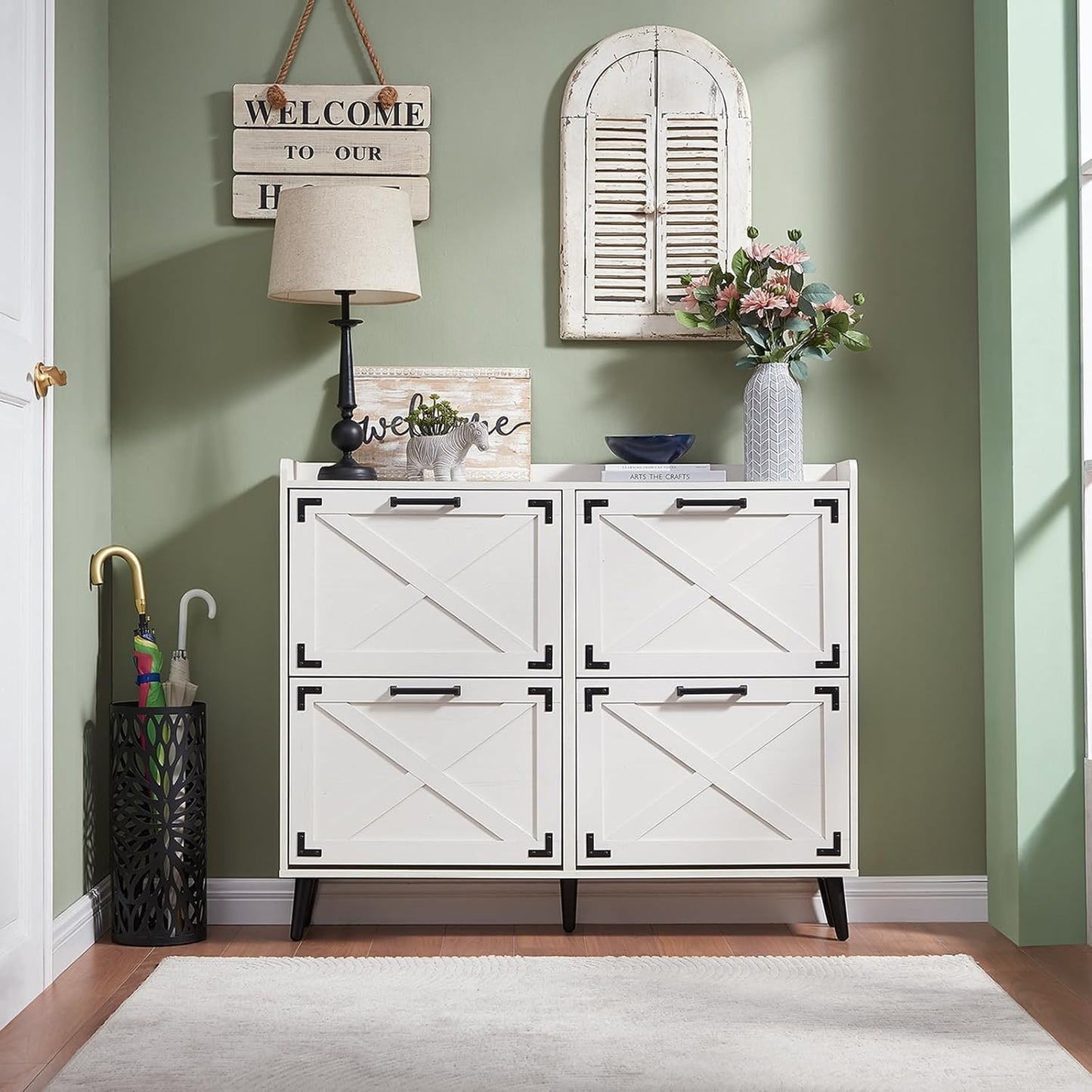 Shoe Storage Cabinet,Farmhouse Shoe Organizer with 4 Flip Drawers & Barn Door Design,Freestanding Hidden Slim Narrow Shoe Rack Cabinet for Entryway,Foyer,Hallway,Antique White