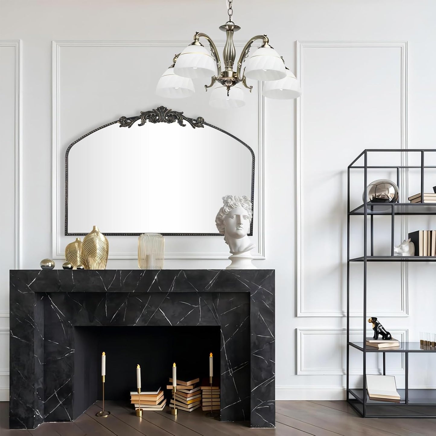 AIXI HOME Vintage Black Arched Mirror 36"X29", Antique Baroque Mantel Wall Mirror with Black Brush Gold Metal Ornate Frame for Entryway/Fireplace/Living Room/Hallway/Bathroom/Bedroom