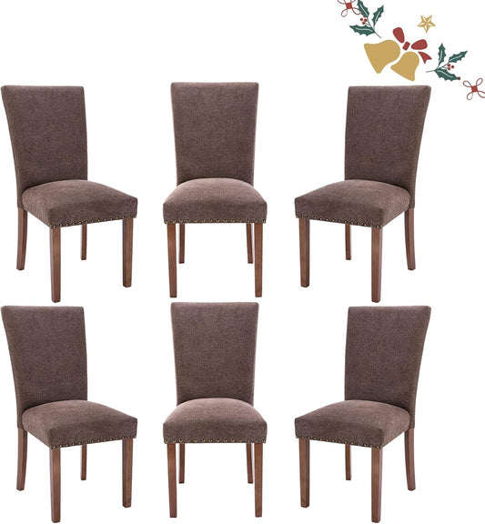 Parsons Dining Chairs Set of 6, Upholstered Nailhead Dining Room Kitchen Side Chair with Thick Cushions and Wood Legs, Brown
