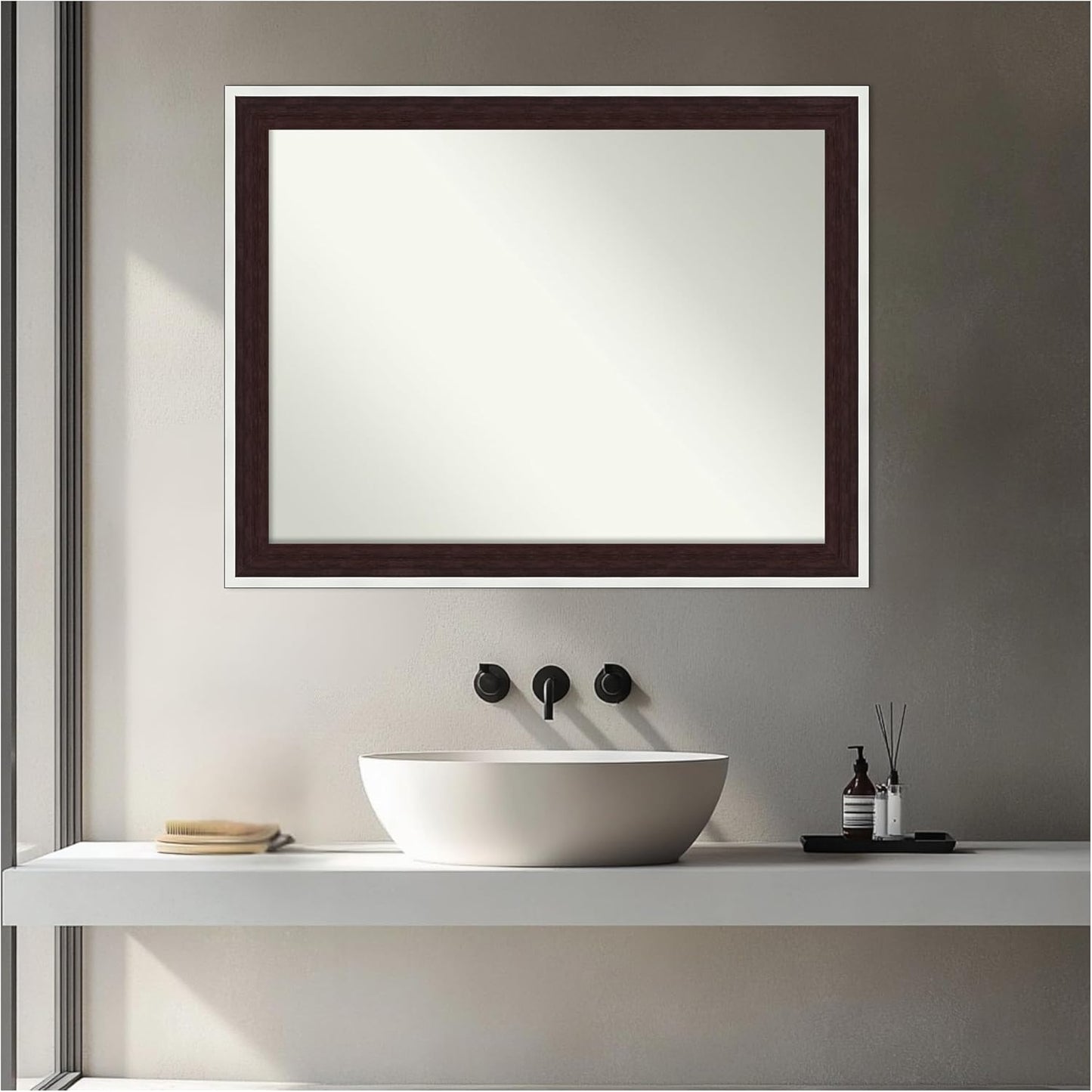 Amanti Art Bathroom Mirror for Over Sink, 27x21 Maya Espresso Silver Rectangle Vanity Mirror, Medium Modern Contemporary Frame, Hangs Horizonally and Vertically, Bathroom Wall Decor, Non-Beveled Edge