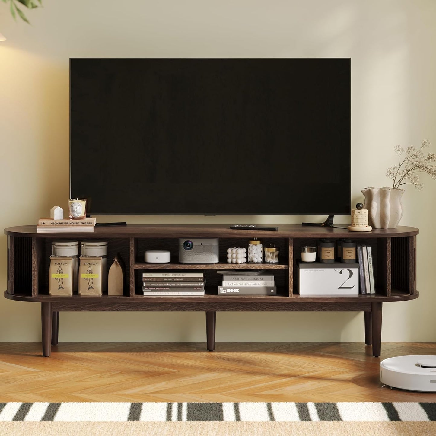 LINSY 70" Fluted TV Stand, Modern Entertainment Center for TVs Up to 80 inches, TV Console with Sliding Doors, Curved Profile Design, Media Console for Living Room, Walnut